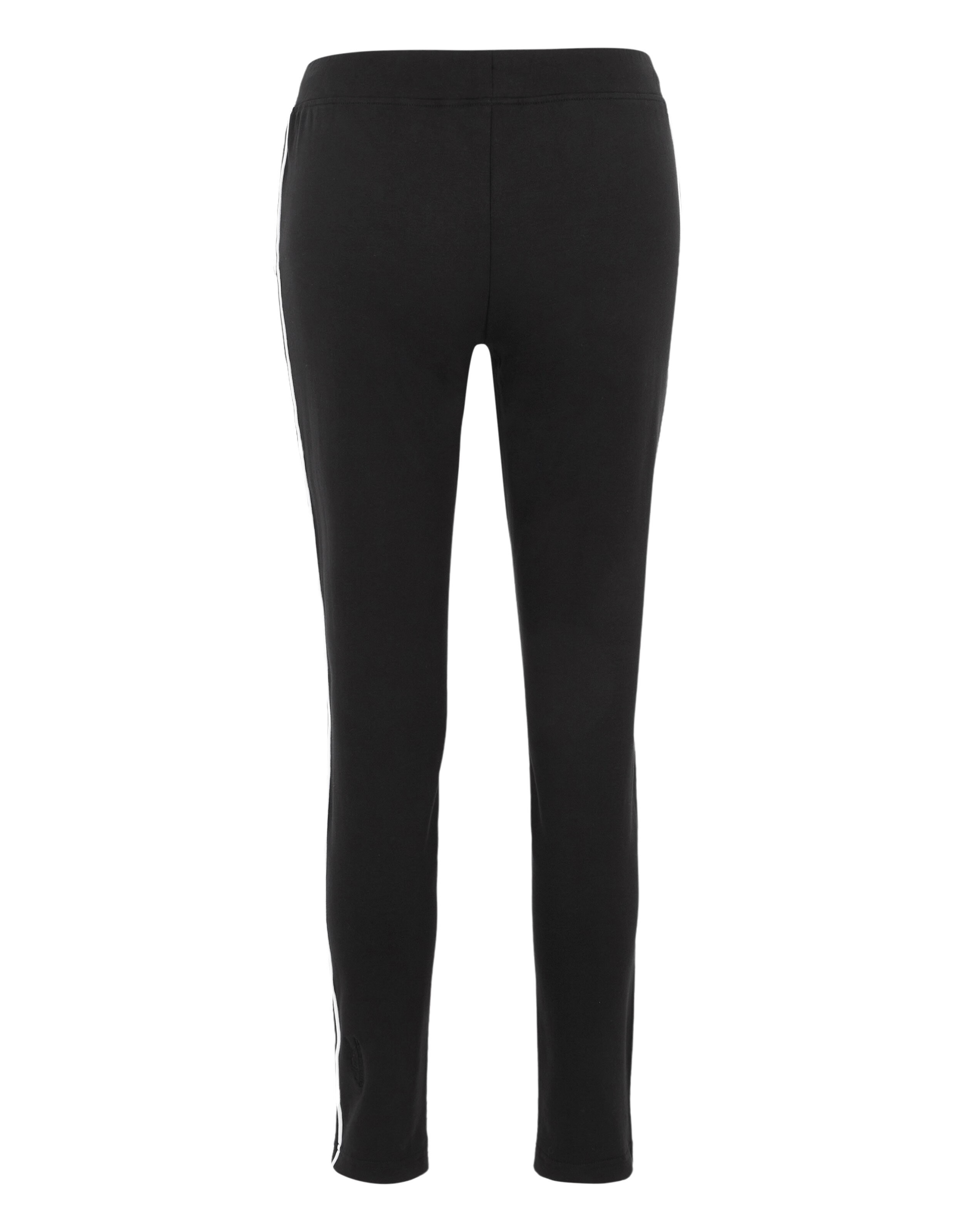 Schwarze, lang geschnittene Leggings mit elastischem Bund und schmaler Passform, frontal abgebildet, schlichtes Design.