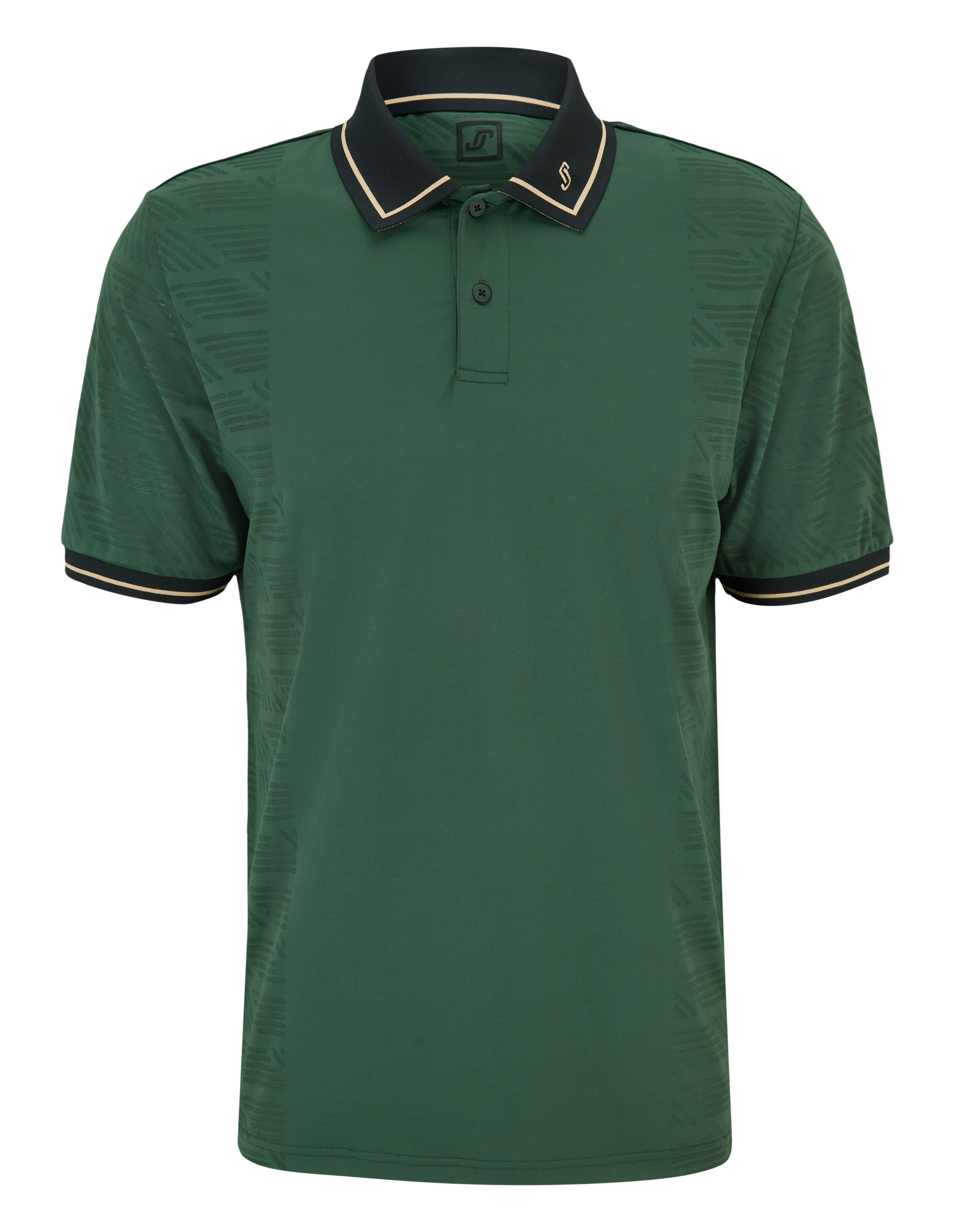 Grünes Poloshirt mit strukturierten Seiteneinsätzen, schwarzem Kragen und goldenem Besatz für Freizeitkleidung.