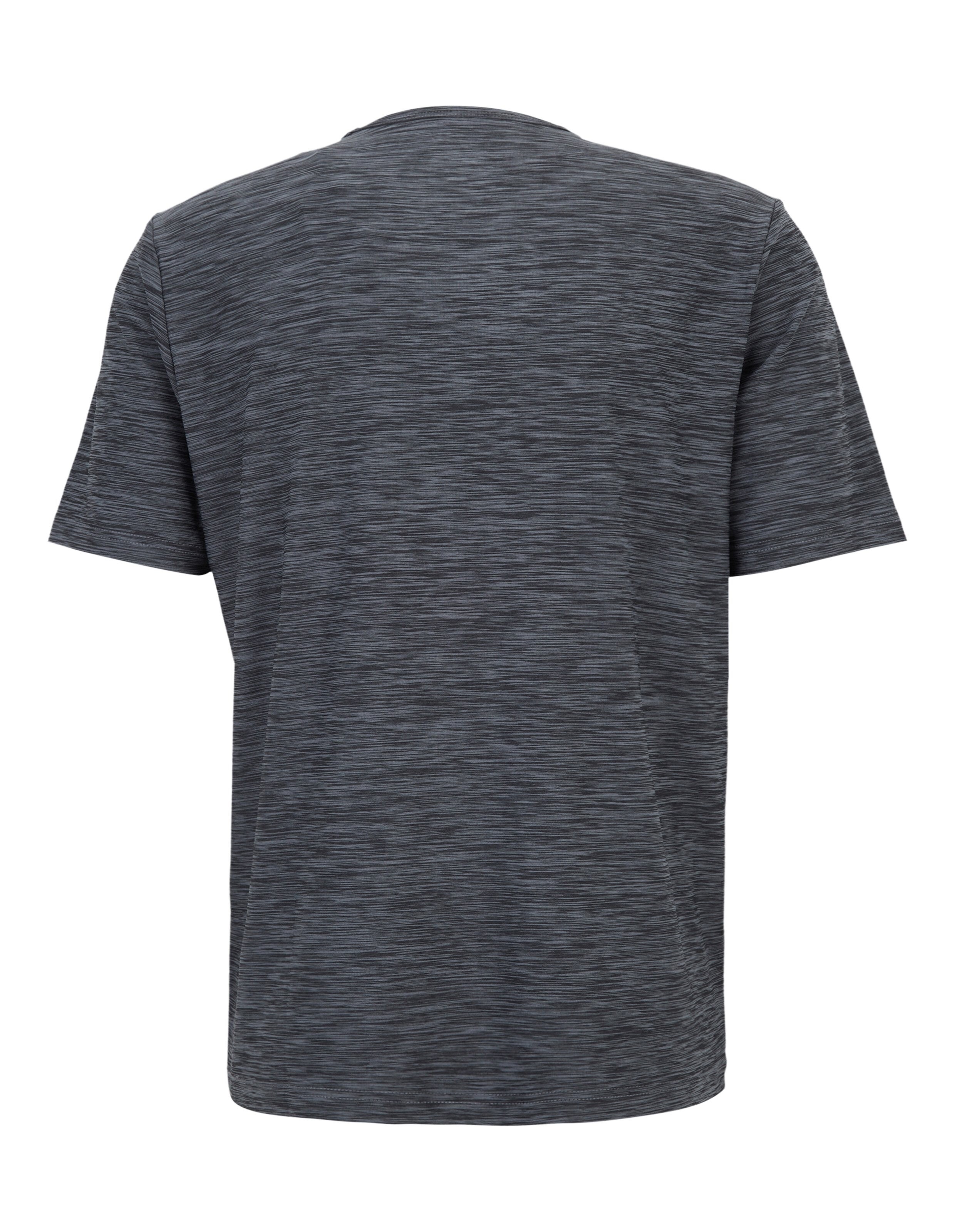 Dunkelgraues T-Shirt mit feiner Melierung und Rundhalsausschnitt, kurzer Ärmel, schlichtes Design ohne auffällige Details.
