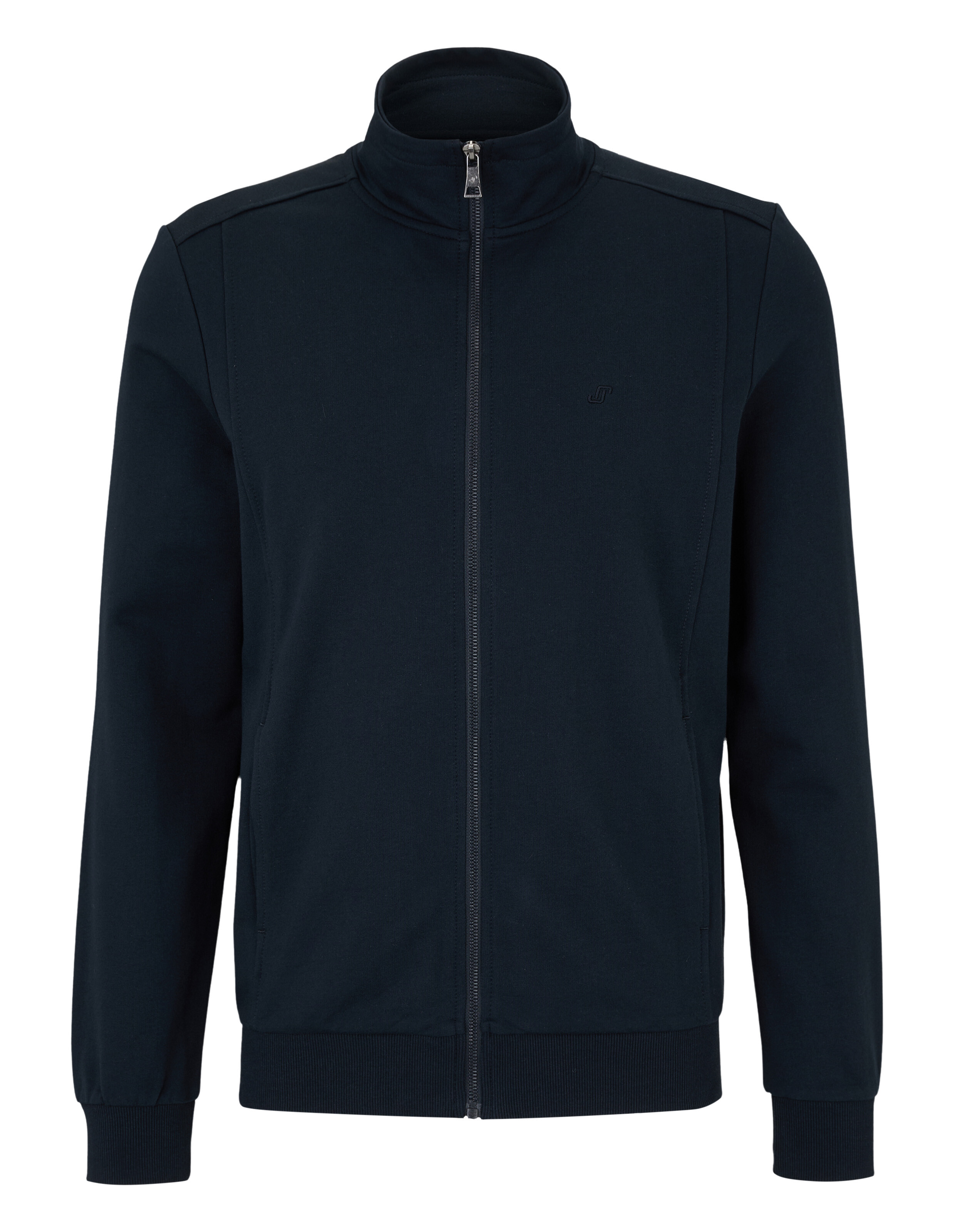 Ein dunkelblauer Full-Zip-Pullover mit Stehkragen und einem dezenten Logo auf der Brust.
