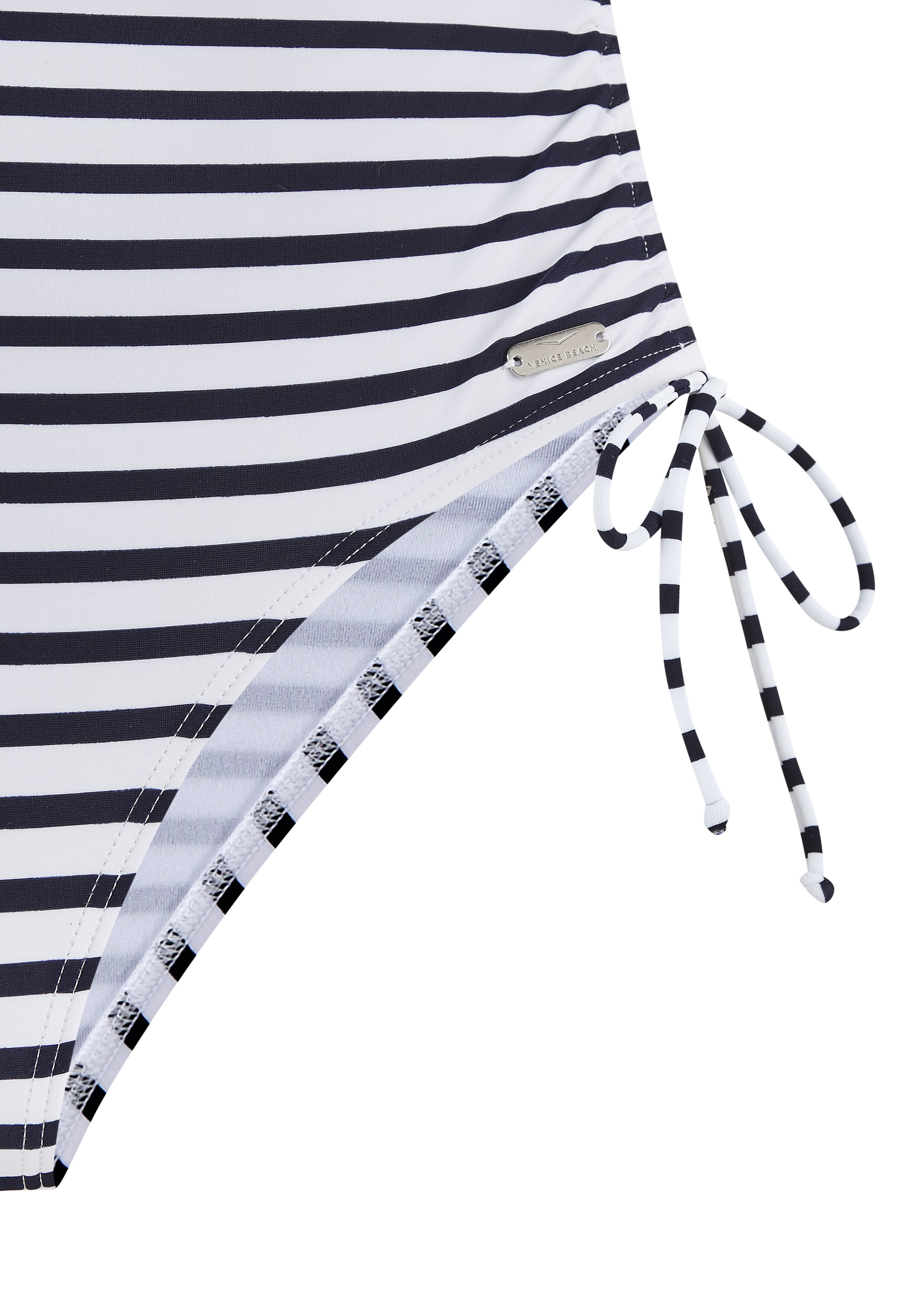 Ruby-Badeanzug von Venice Beach mit schwarzen und weißen Streifen und seitlichem Bindedetail.