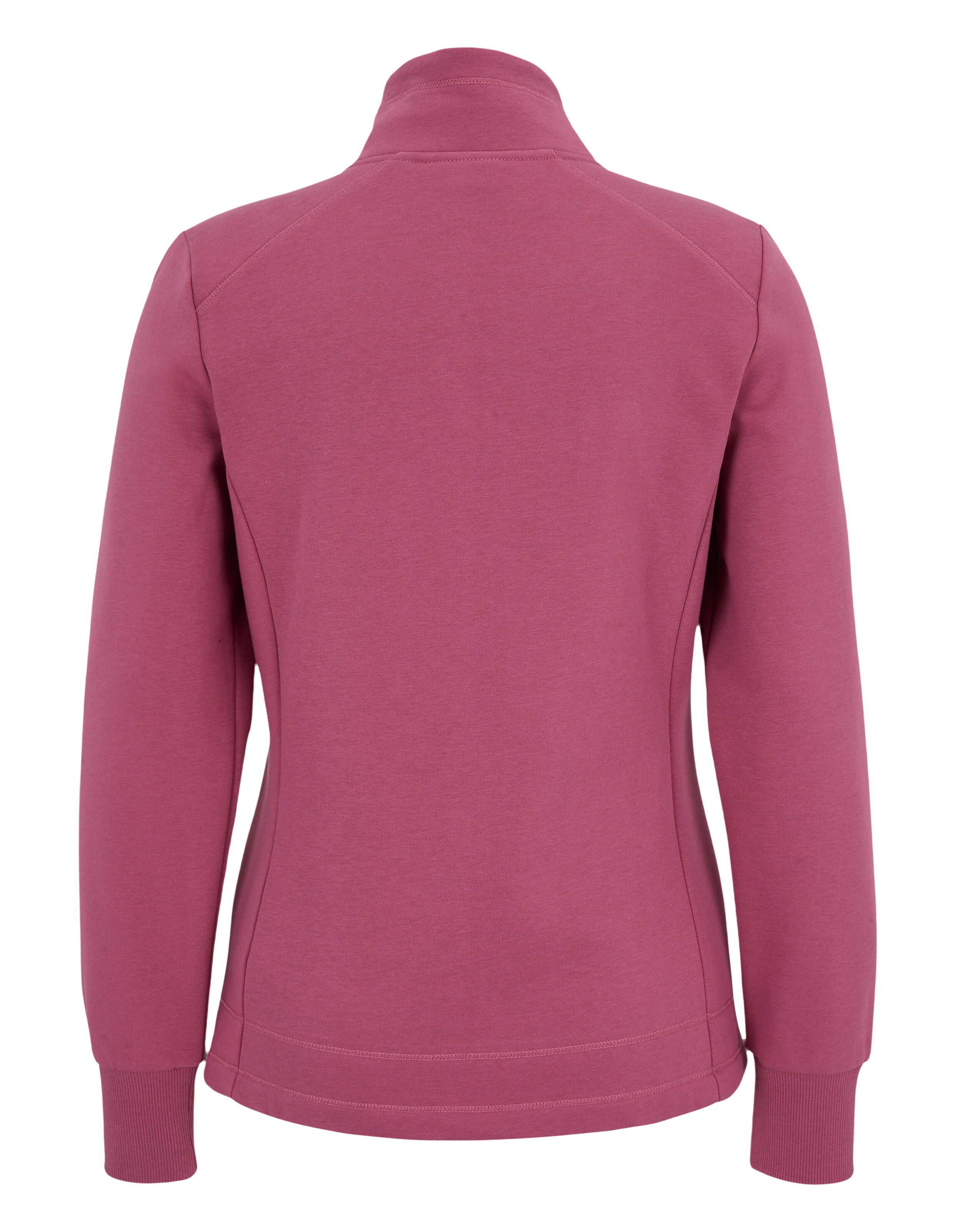 Rückansicht eines kuscheligen rosa Sweatshirts mit hohem Kragen und langen Ärmeln.
