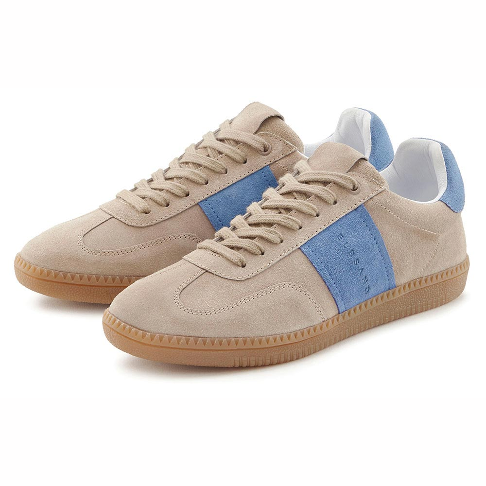 Beige-blaue Freizeit-Sneaker mit Wildledermaterial und Schnürdesign.