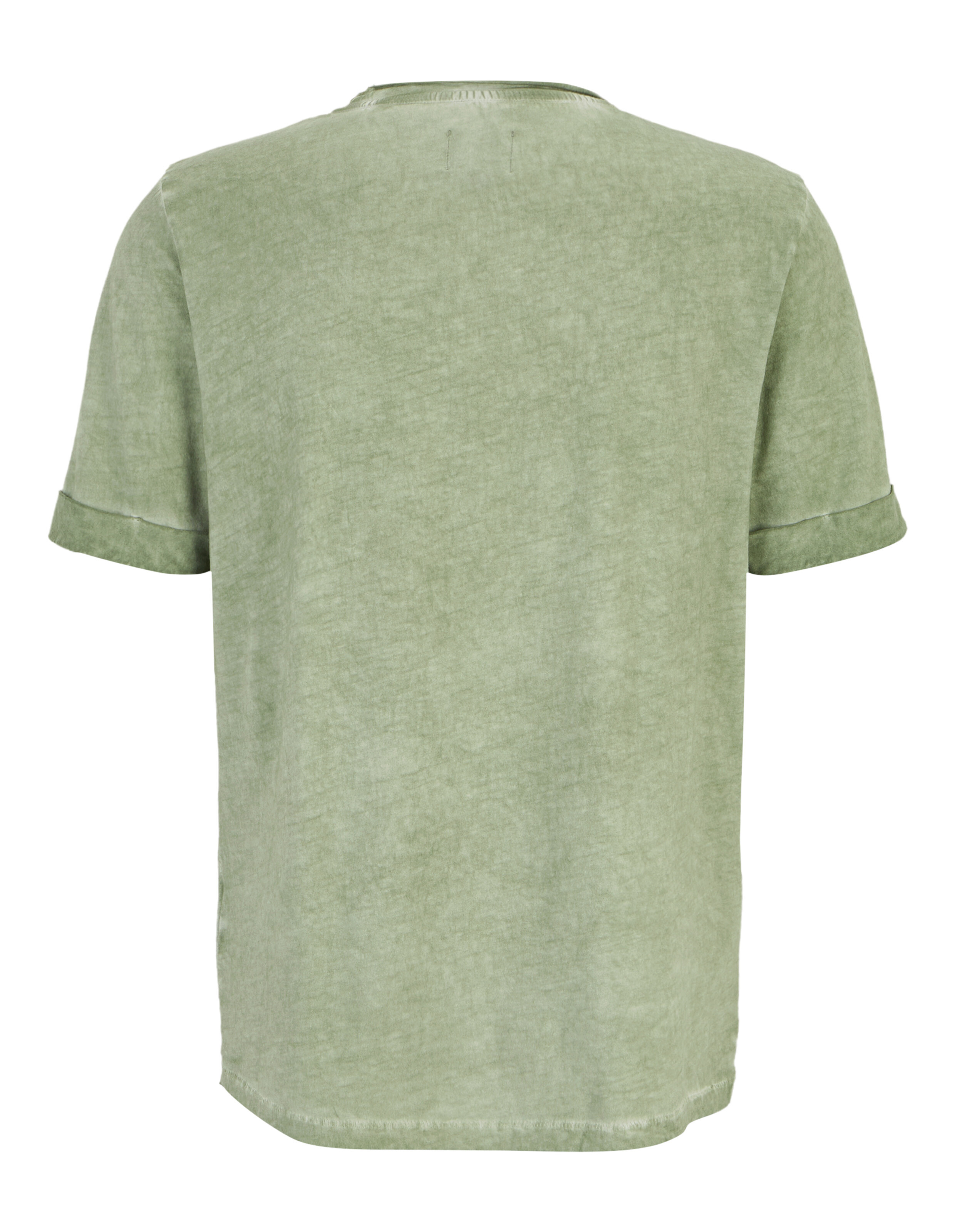 Rückansicht eines entspannten grünen Kurzarm-T-Shirts aus weichem Stoff.