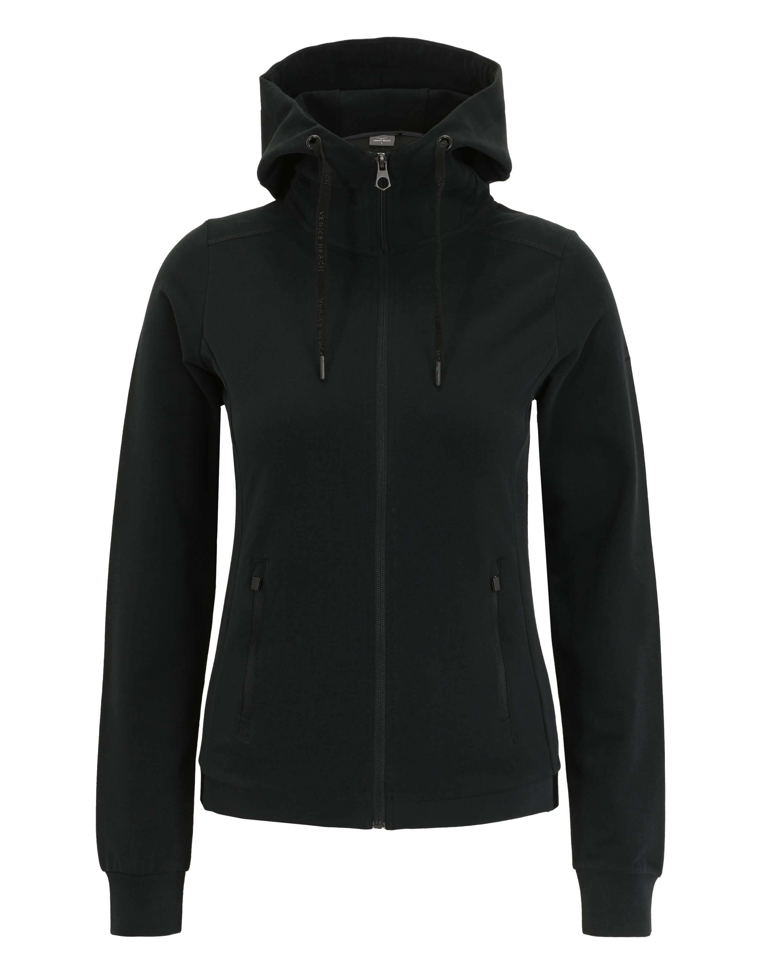 Schwarzer Kapuzenpullover mit Reißverschluss, verstellbarer Kapuze und Seitentaschen für Freizeitkleidung.