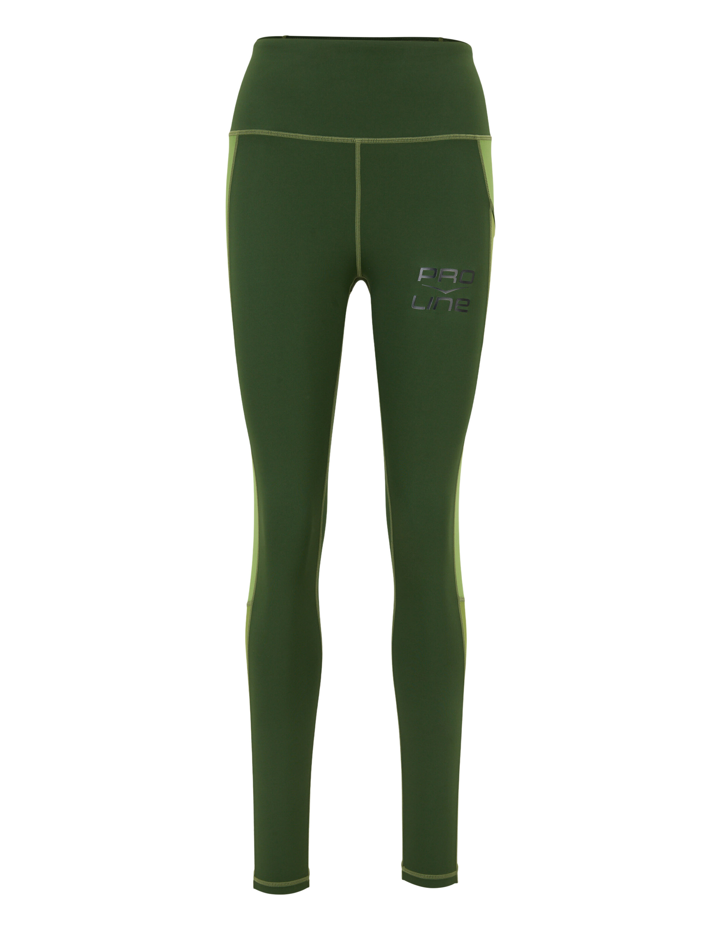 Olivgrüne Leggings mit hohem Bund und kontrastierenden Nähten für Freizeitkleidung.