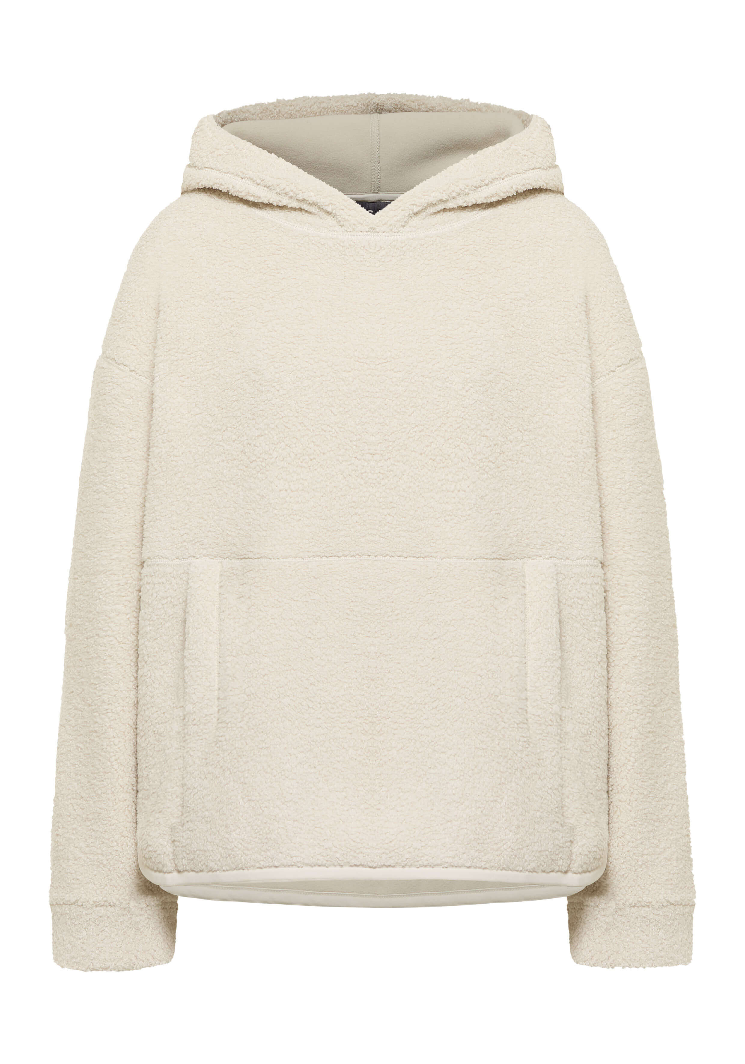 Kuscheliger beigefarbener Kapuzenpullover aus Teddyfleece mit Vordertasche für lässige Loungewear.