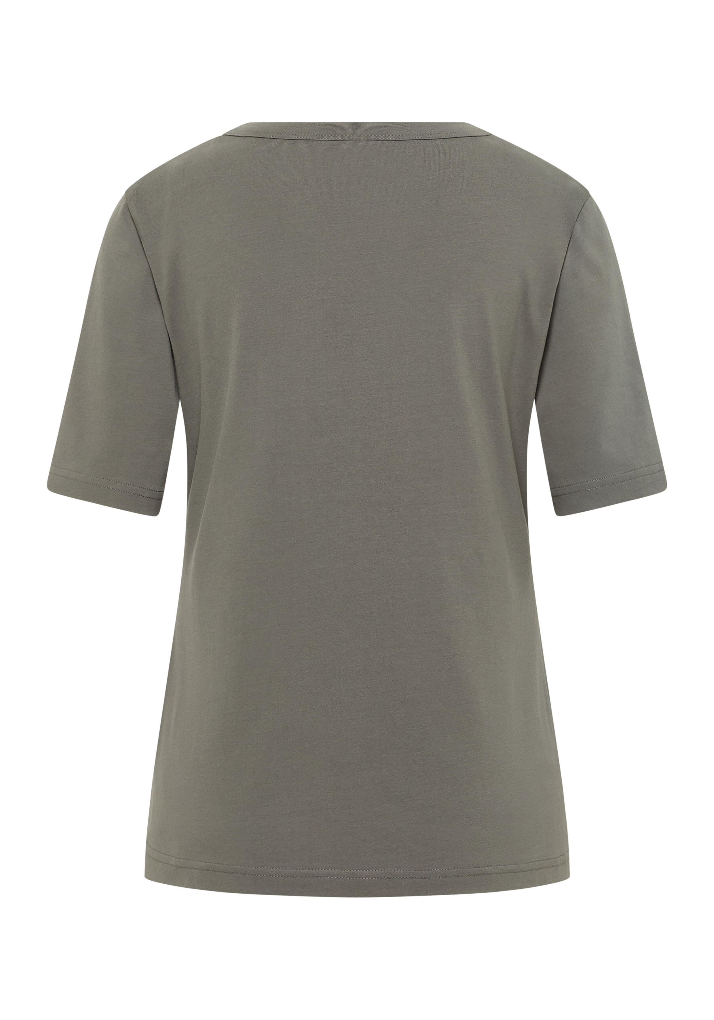Rückansicht eines gemütlichen olivgrünen Freizeit-T-Shirts mit kurzen Ärmeln.