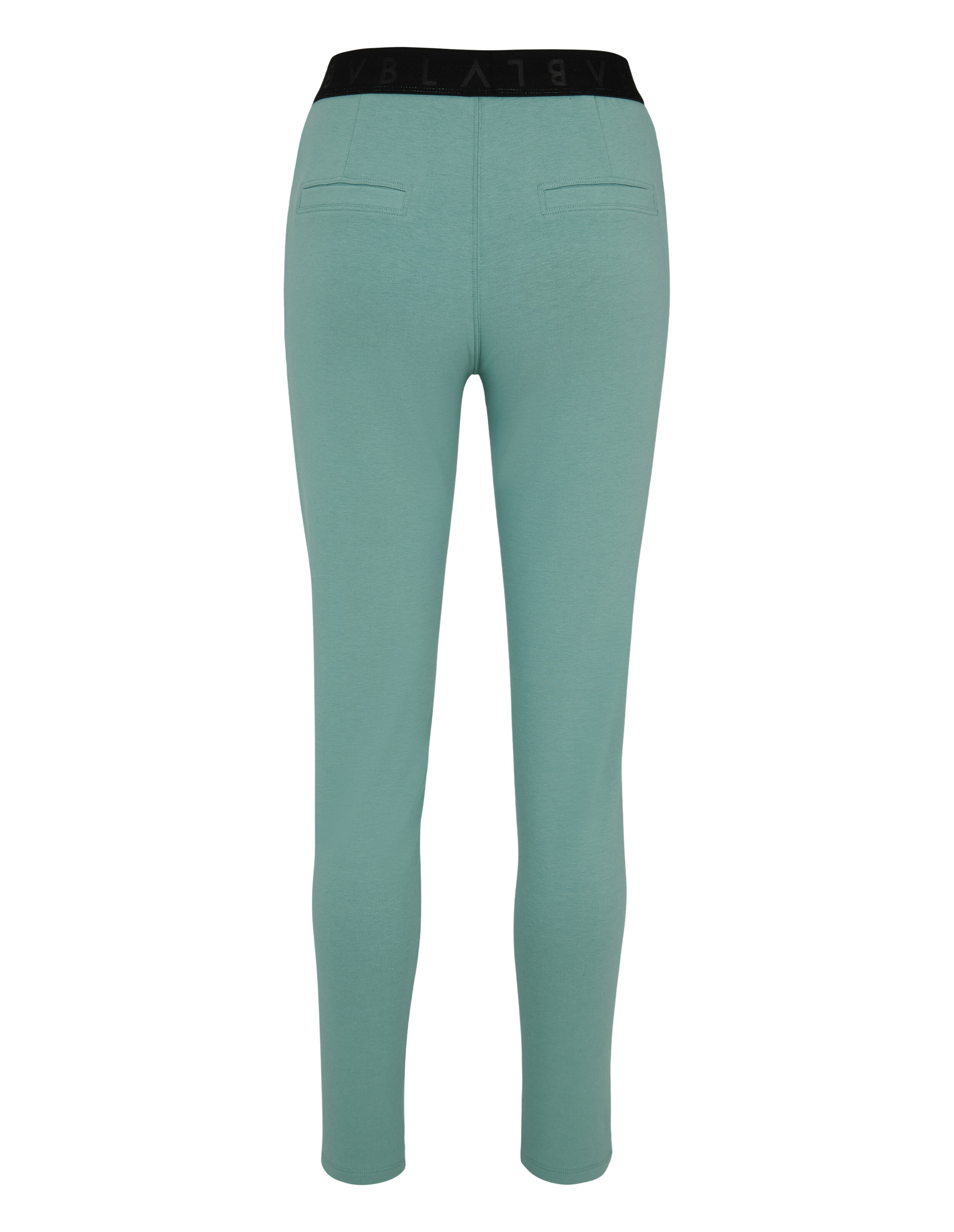 Rückansicht einer mintgrünen Leggings mit schwarzem Bund und Taschen.