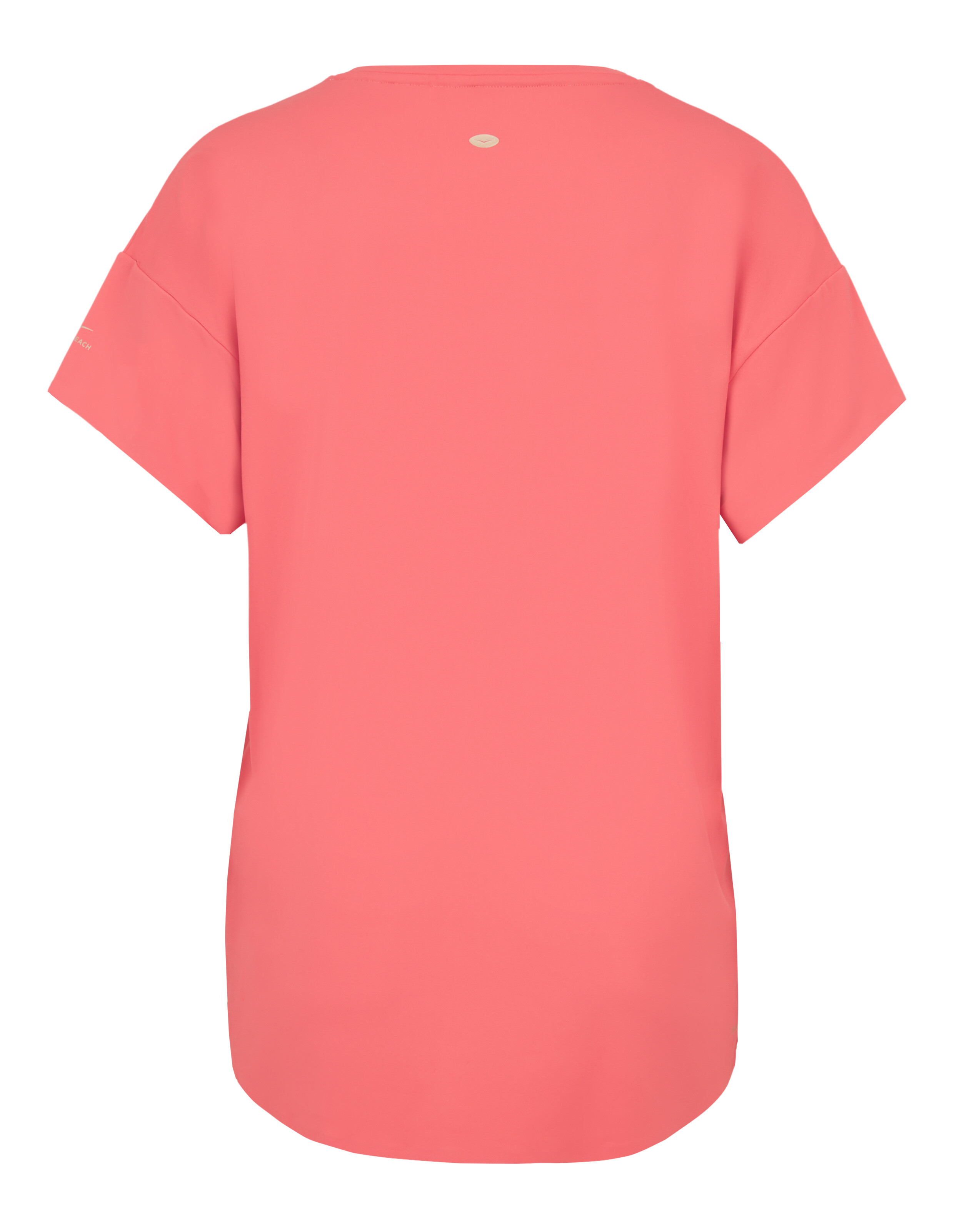 Rückansicht eines korallenrosa Freizeit-T-Shirts mit kurzen Ärmeln für bequeme Loungewear.