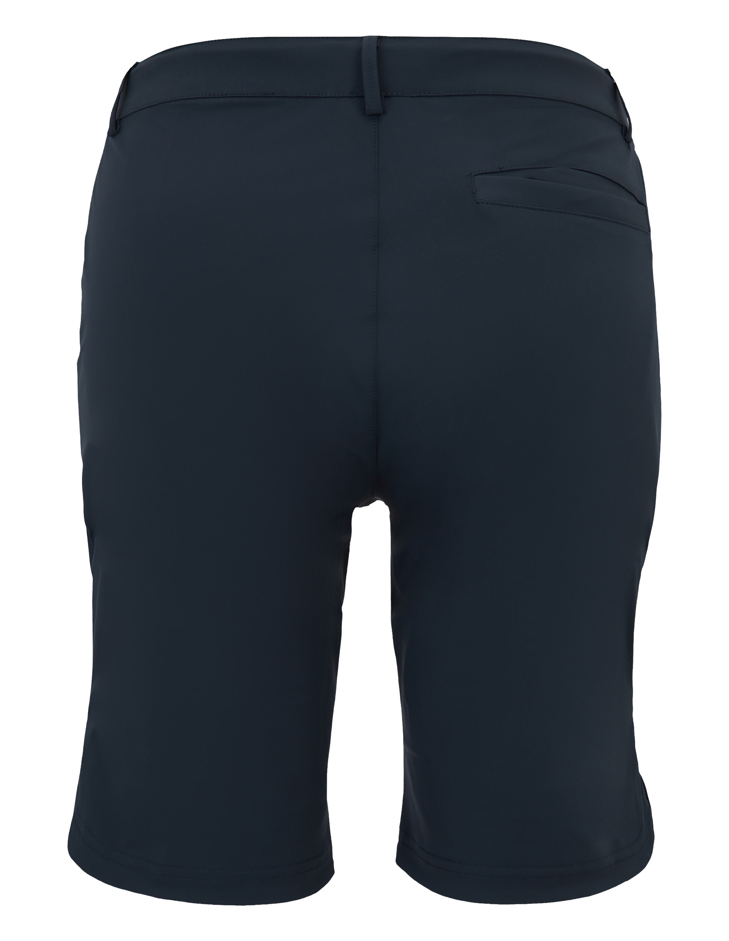 Dunkelblaue Shorts aus glattem Stoff, Rückansicht mit schmaler Gesäßtasche rechts und Gürtelösen am Bund.