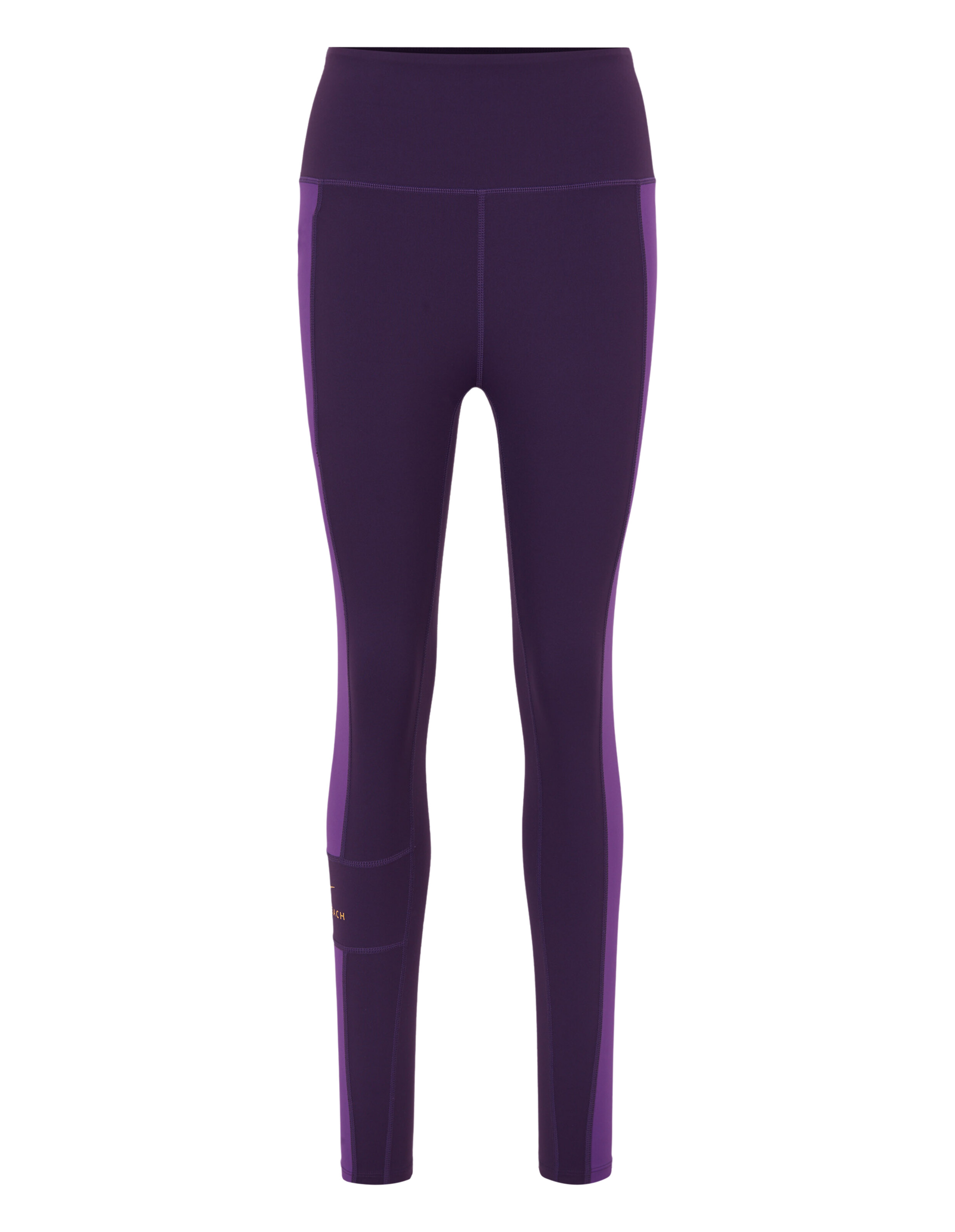 Lila Leggings mit hoher Taille und kontrastierenden Seiteneinsätzen für Freizeitkleidung.