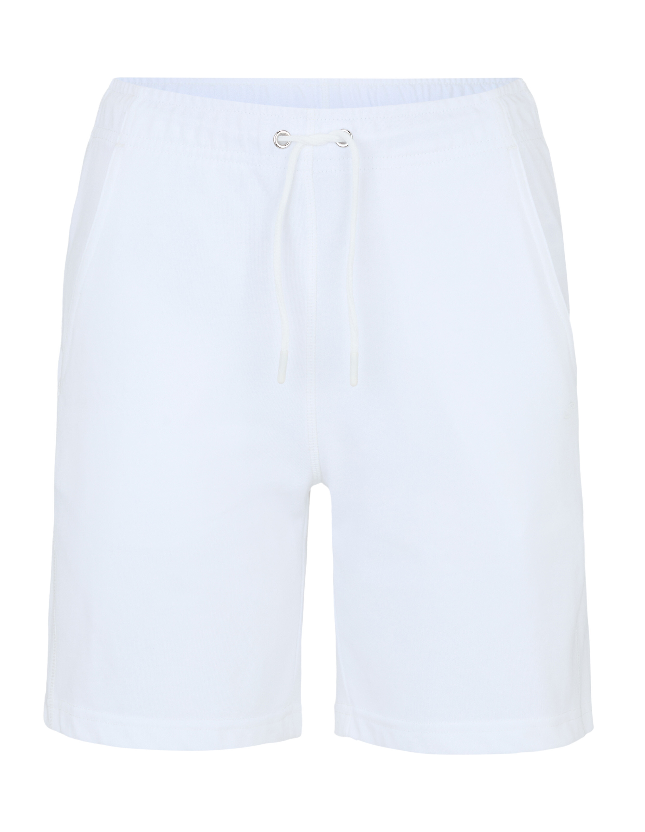 Weiße Badeshorts für Damen mit Kordelzugbund und silbernen Ösen.