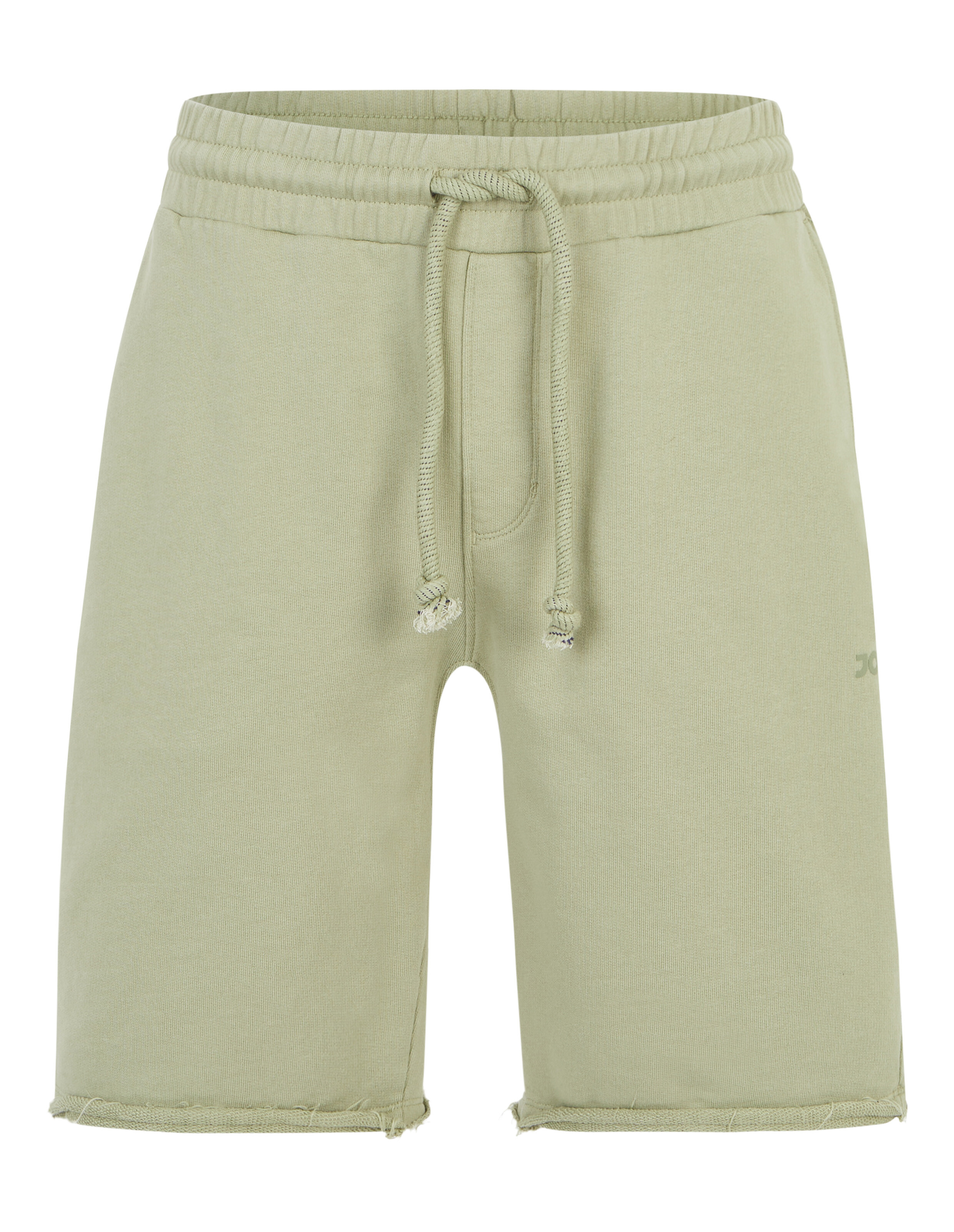 Beige Shorts aus weichem Stoff mit elastischem Bund und Kordelzug, abgeschnittenen Beinen und leicht ausgefranstem Saum.