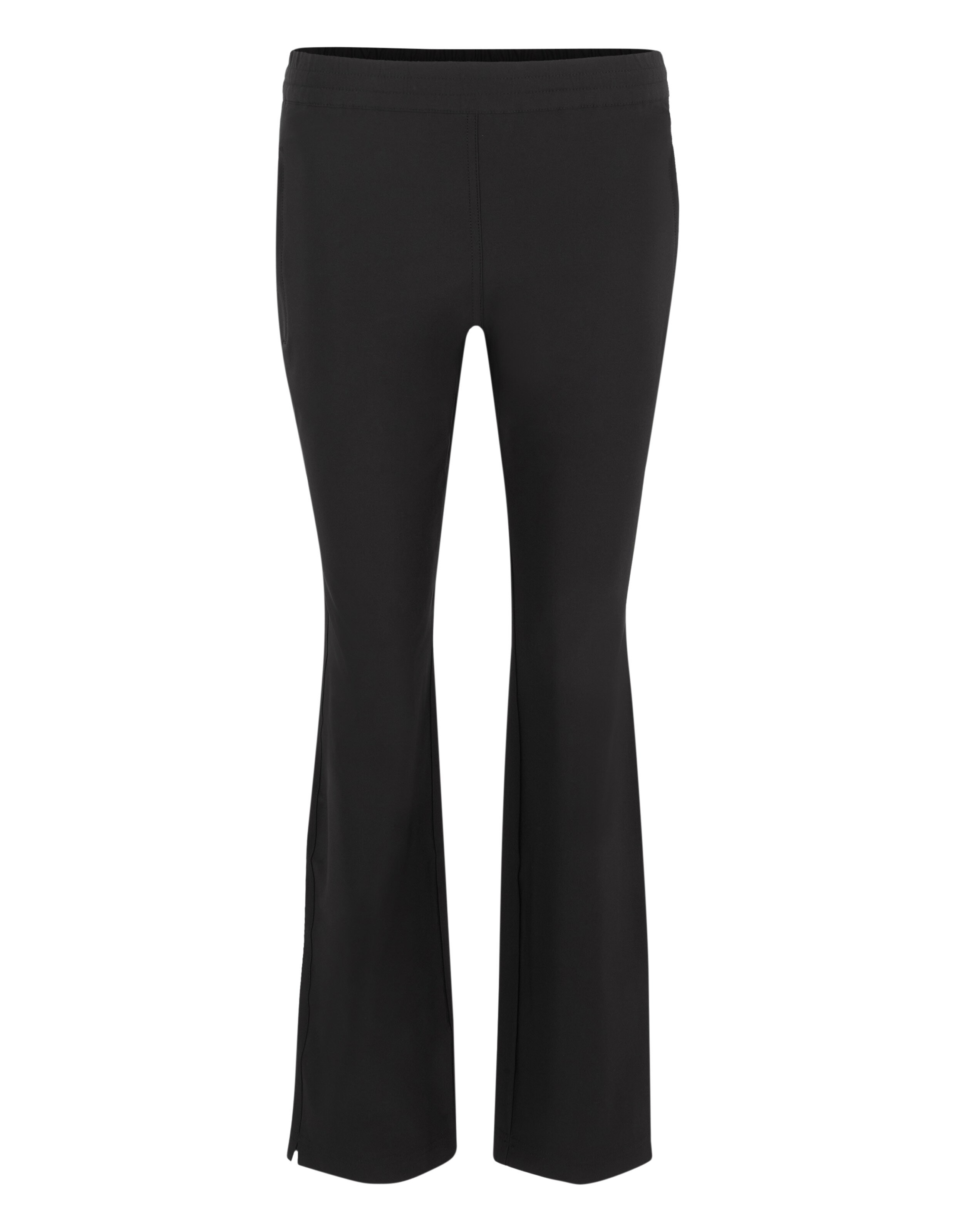 Schwarze, gerade geschnittene Hose mit dehnbarem Bund und leicht ausgestellten Beinen, knitterfreies Material ohne sichtbare Verschlüsse.