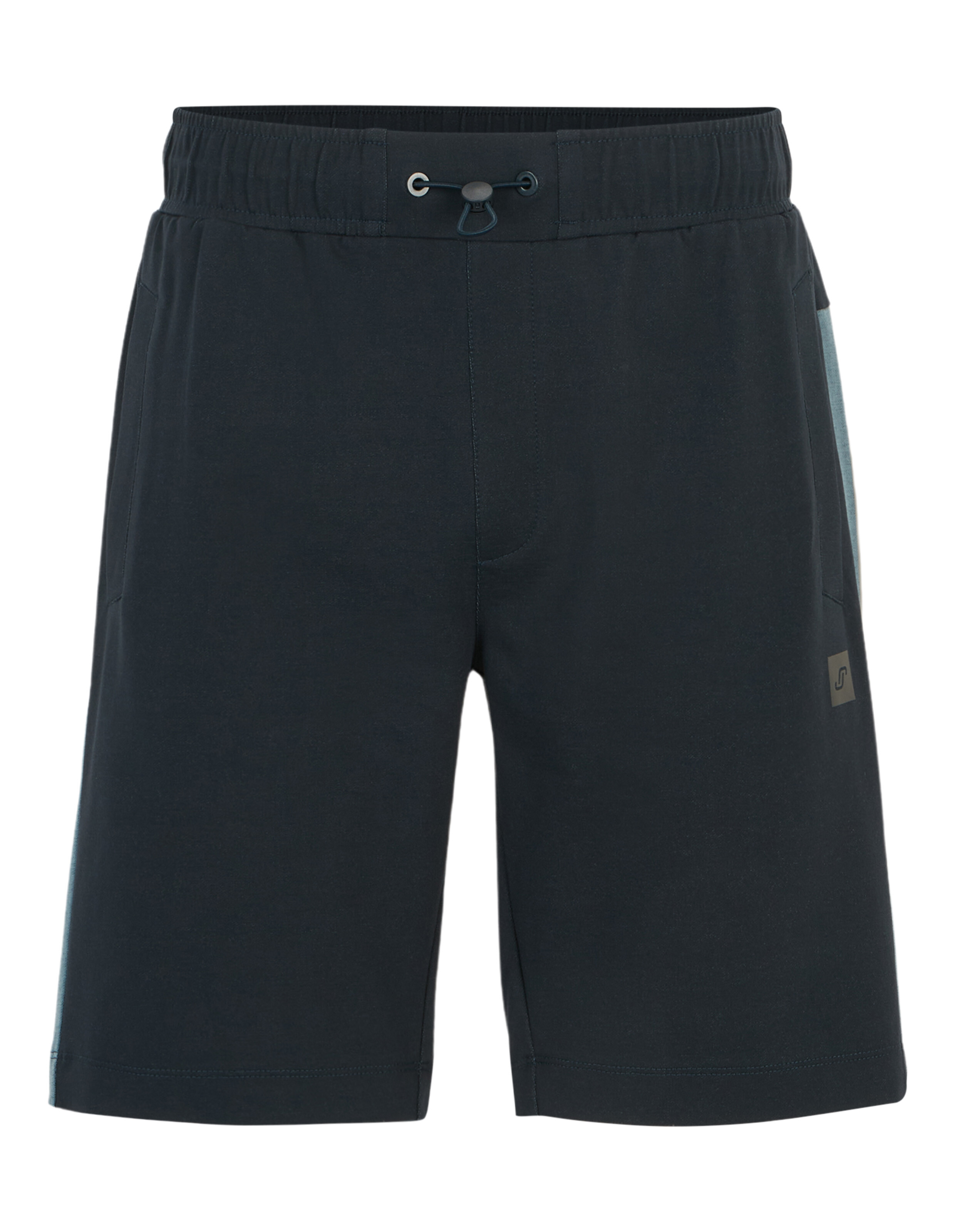 Schwarze, knielange Shorts mit elastischem Bund, Kordelzug und seitlichen Taschen aus bequemem, leichtem Stoff.