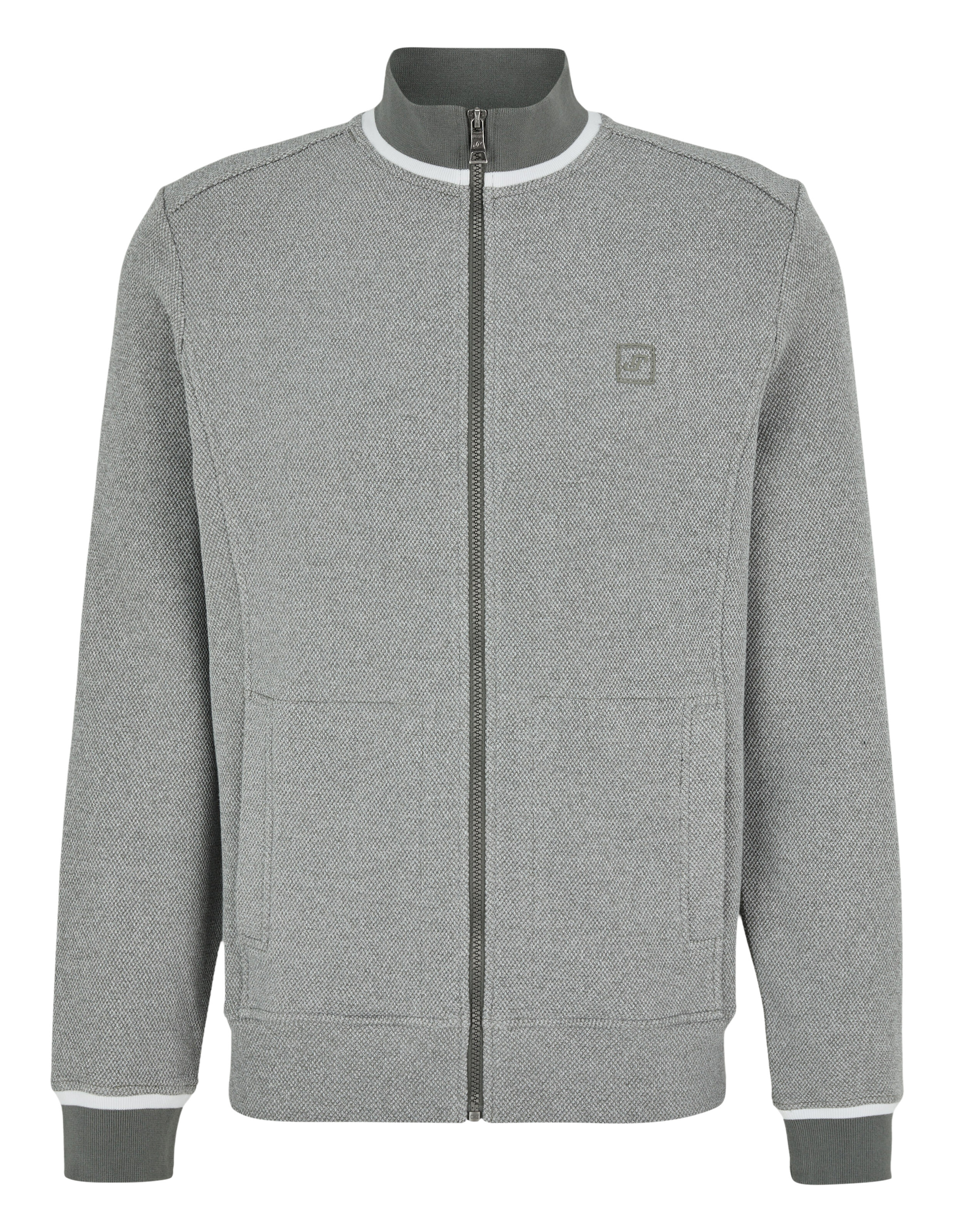 Graue Jacke mit Reißverschluss, strukturiertem Stoff und weißem Besatz, perfekt für Freizeitkleidung.