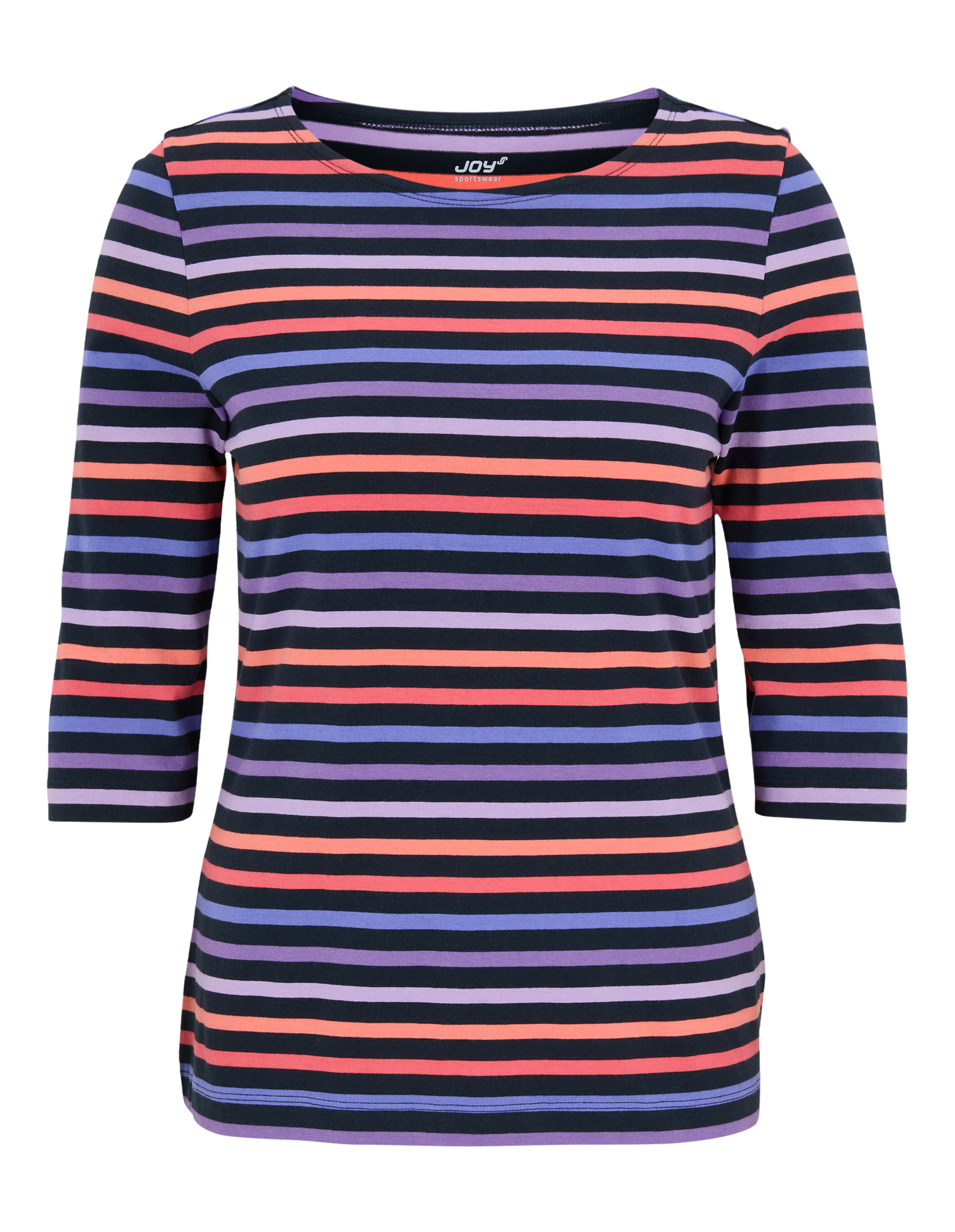 Bunt gestreiftes Langarm-Top in Lila-, Rot- und Schwarztönen.