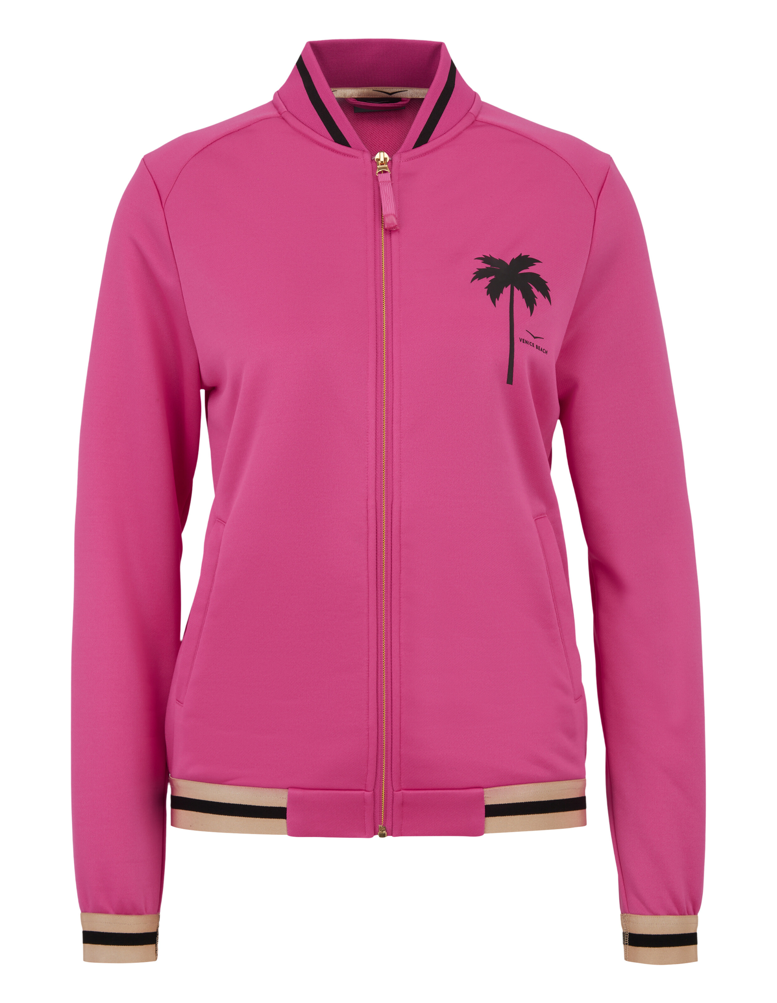 Rosafarbene Bomberjacke „Venice Beach Yogarad Monica“ mit Palmenprint.