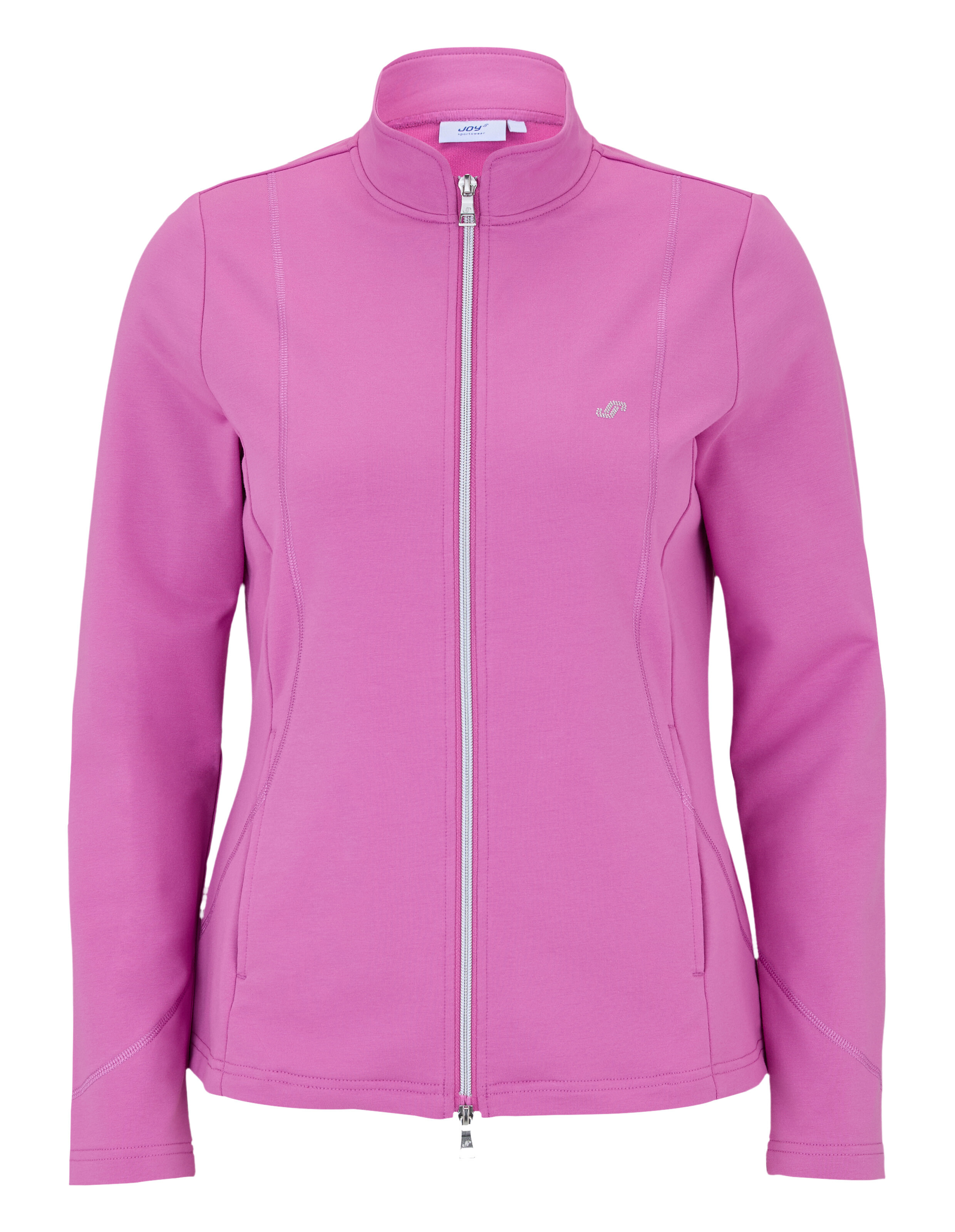 Rosafarbene Damenjacke mit Reißverschluss, elegantem Design und hohem Kragen.