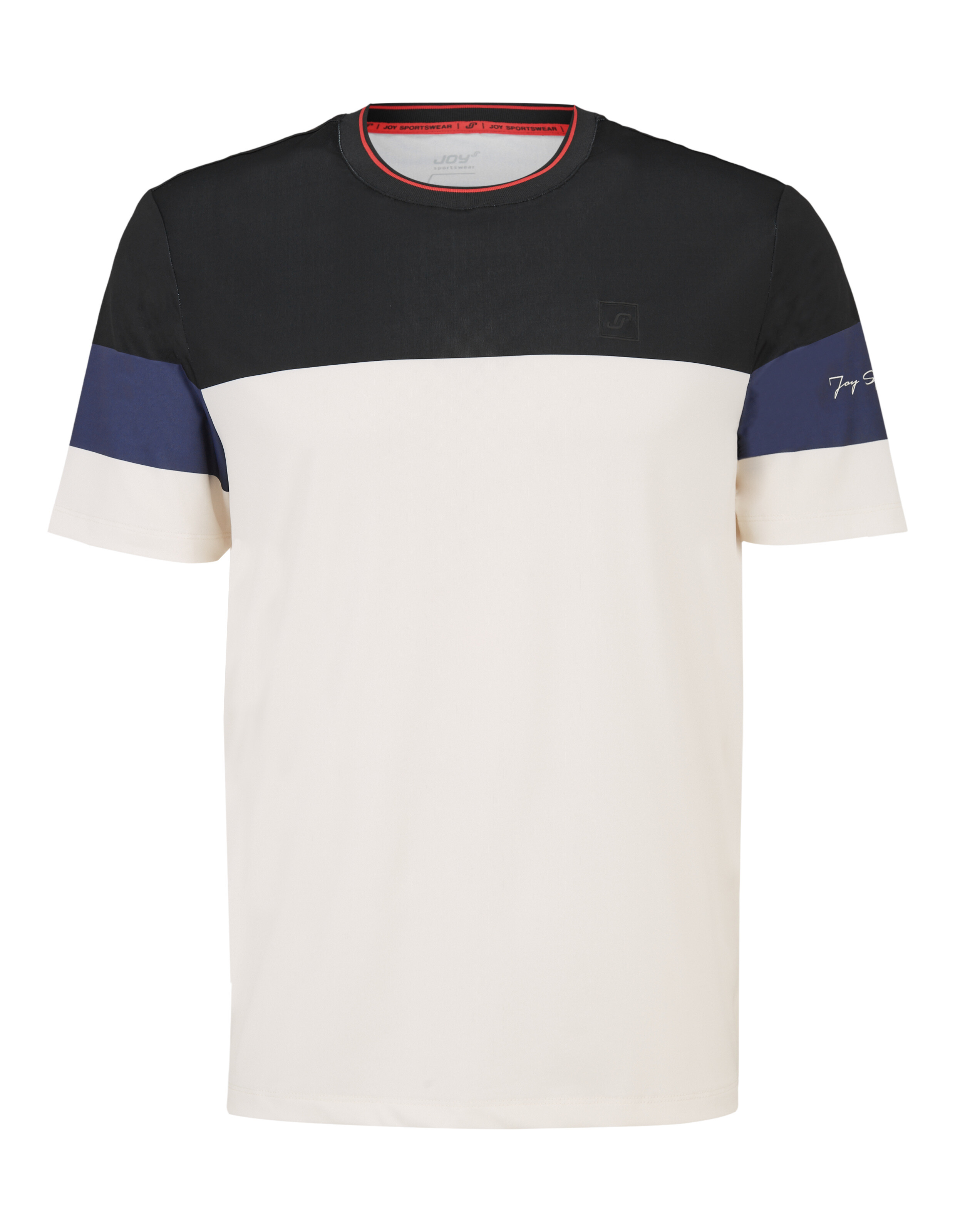 Kurzärmeliges T-Shirt mit einem schwarzen oberen Abschnitt, weißem Körper und blauen Streifen auf den Ärmeln.