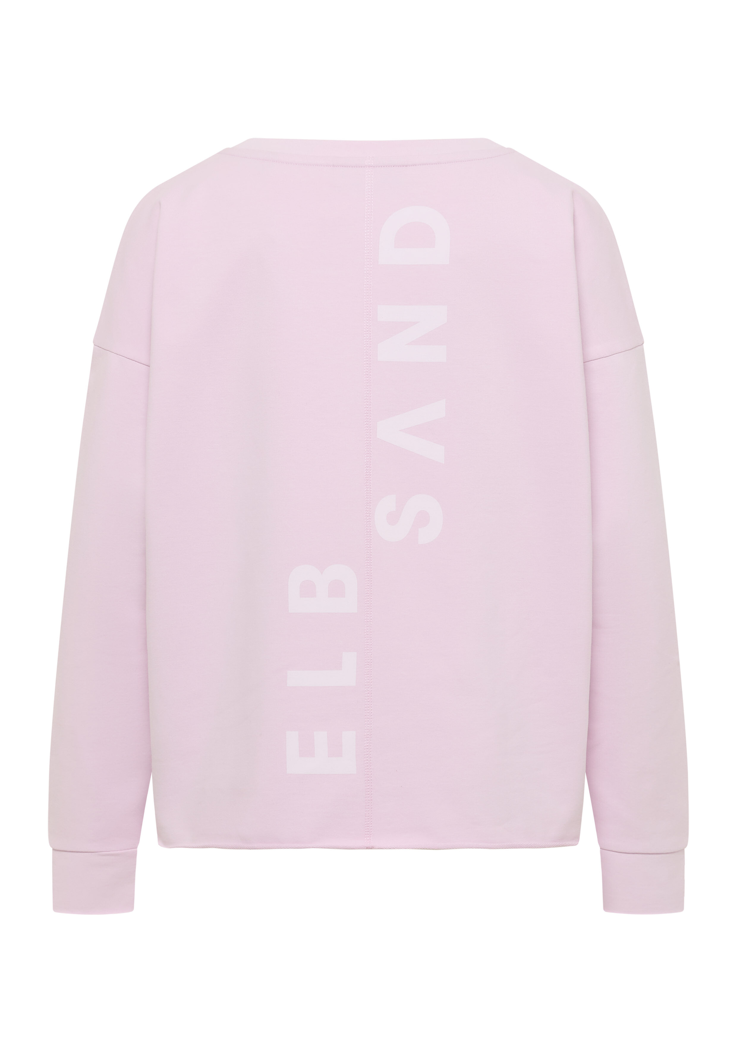 Hellrosa ELBSAND Freizeit-Sweatshirt mit vertikalem Logo-Print auf der Rückseite.