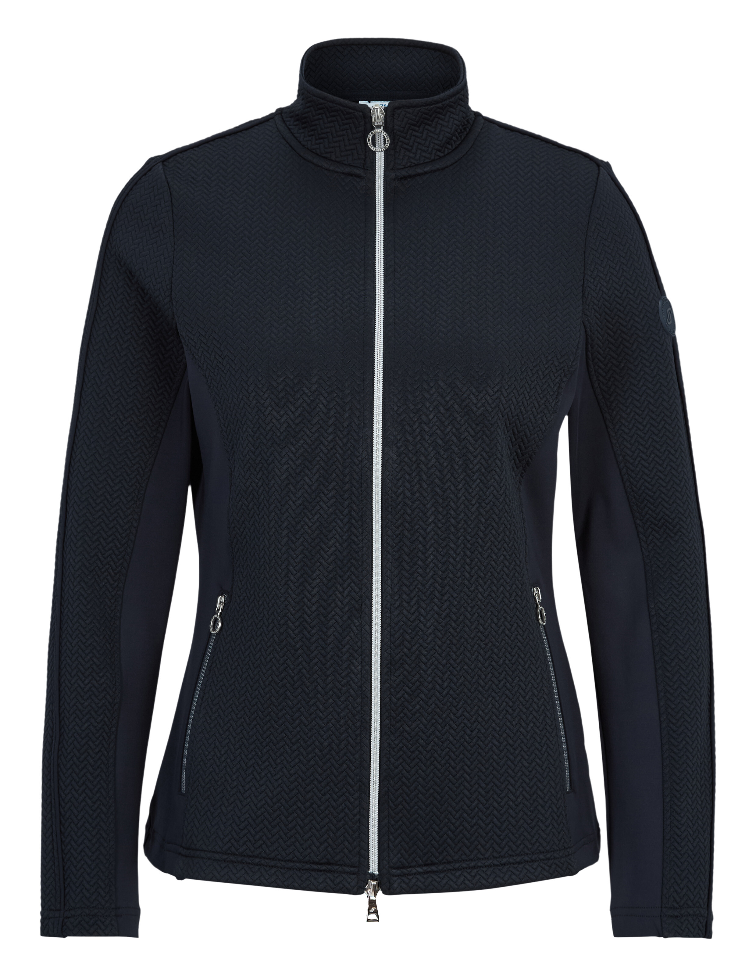 Dunkelblaue Damenjacke mit Reißverschluss, Stehkragen und zwei Fronttaschen, aus strukturiertem Stoff mit dezentem Muster.