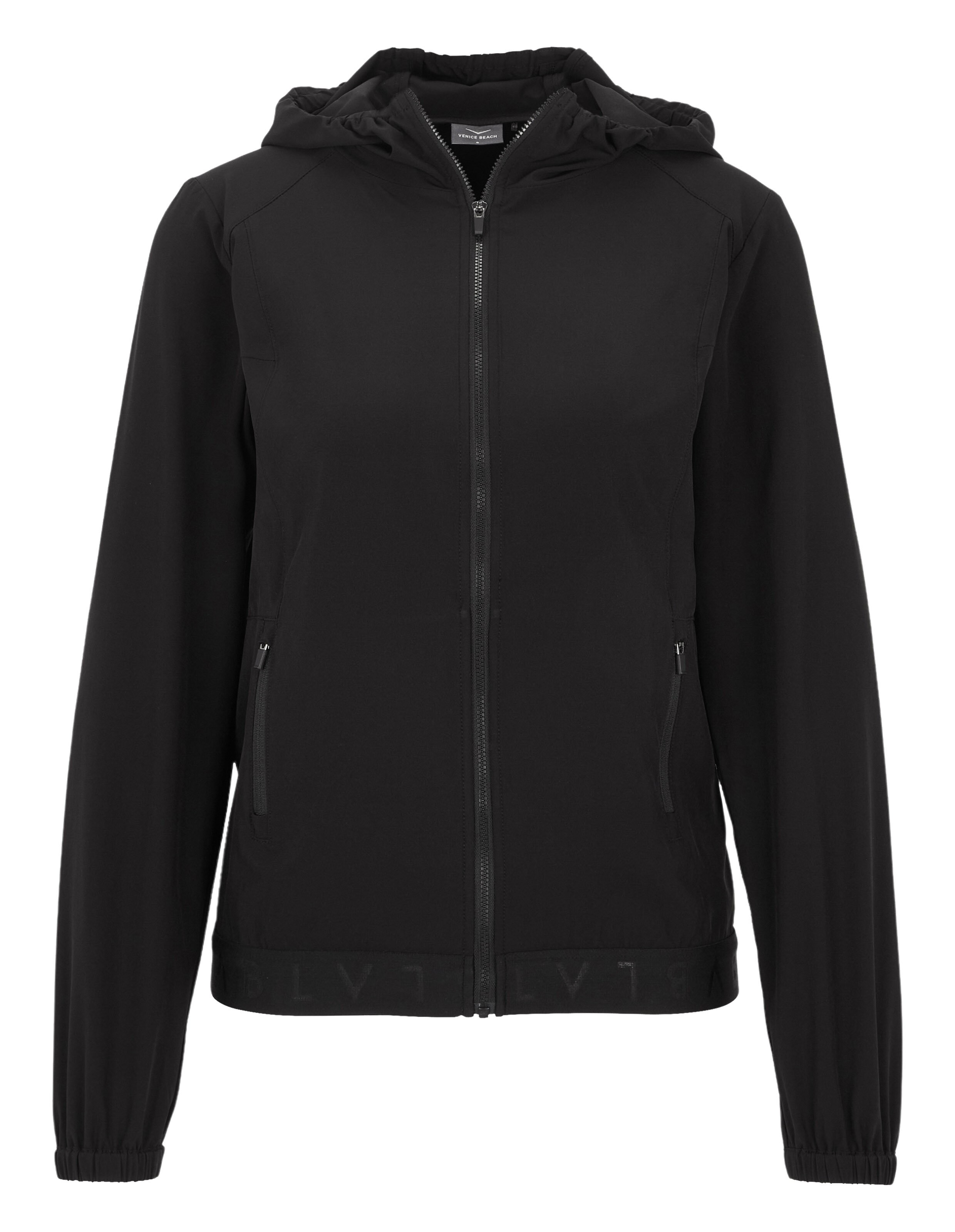 Schwarze Funktionsjacke von Venice Beach Hazel mit Kapuze und Reißverschlusstaschen.