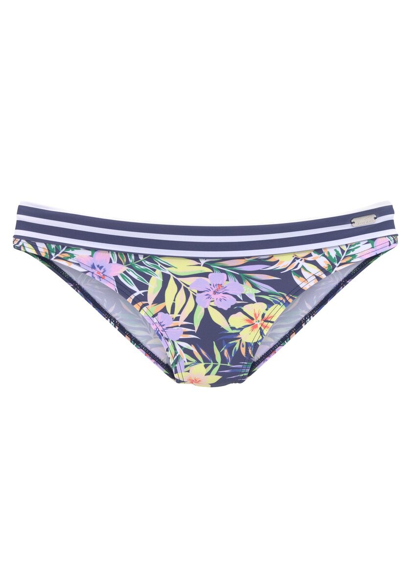 Bikinihose mit Blumenmuster und marineblauen Streifen, perfekt für den Strand.