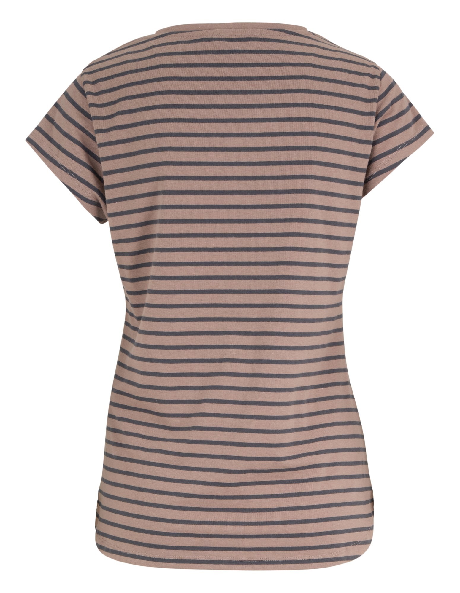 Rückansicht eines gemütlichen gestreiften T-Shirts in sanften Beige- und Marinefarben.
