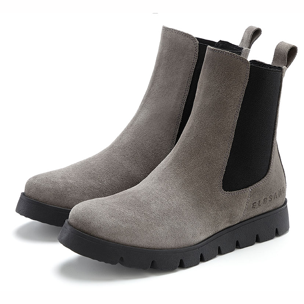 Stilvolle graue Wildlederstiefeletten mit elastischen Seiteneinsätzen und Gummisohlen.