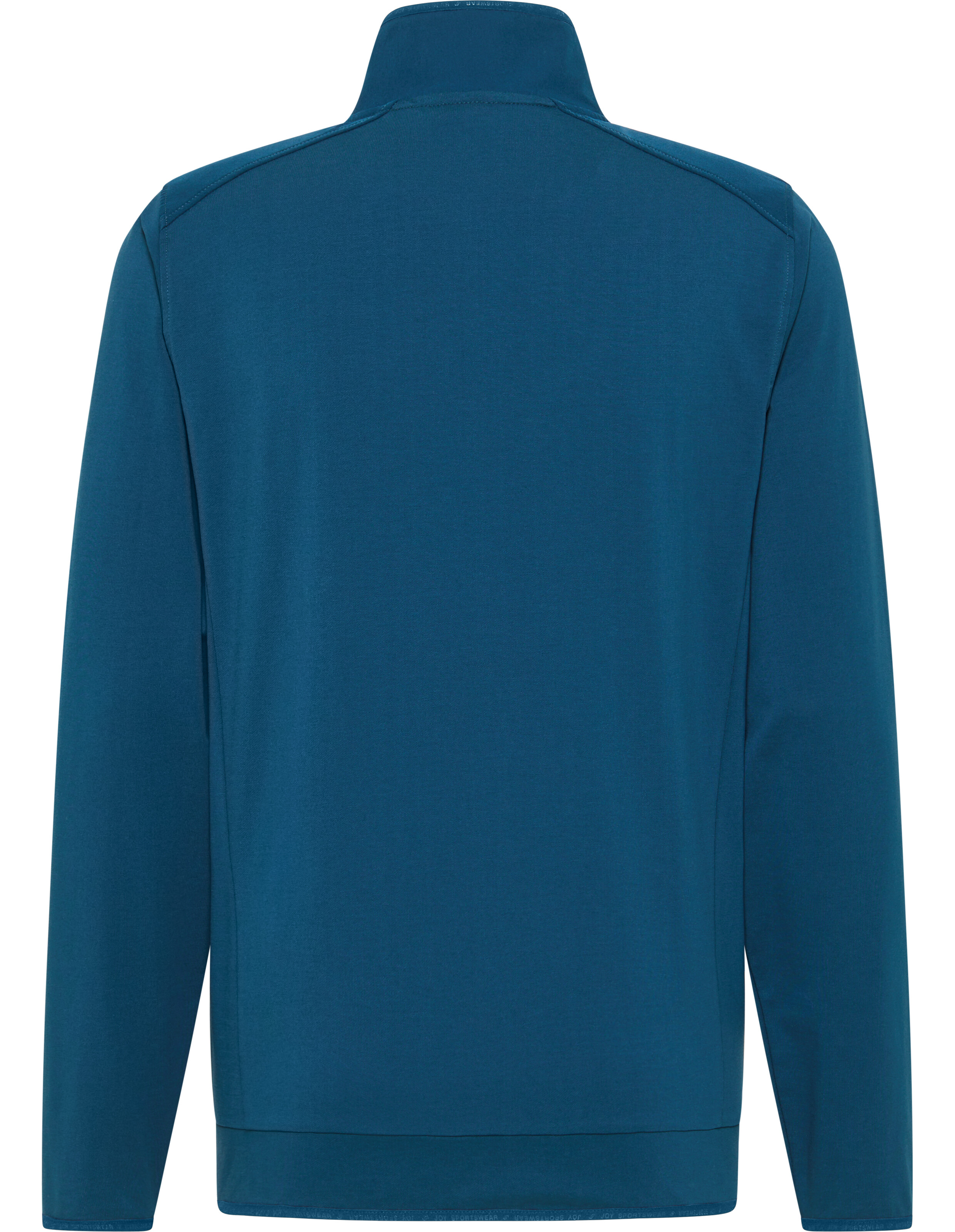 Blaue Jacke mit durchgehendem Reißverschluss, hohem Kragen und zwei seitlichen Taschen, ideal für sportliche Aktivitäten.