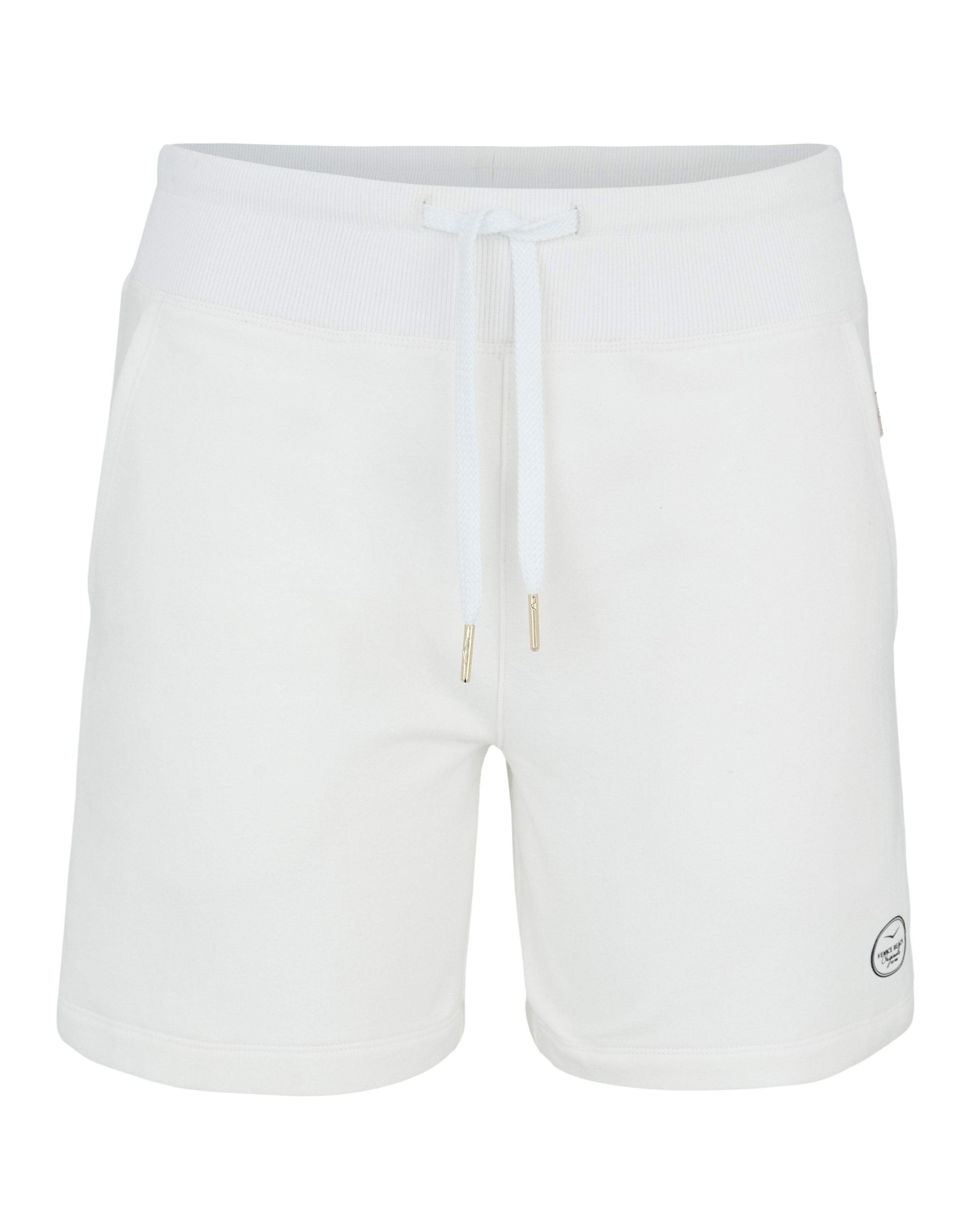 Weiße, lässige Shorts mit Kordelzug und Seitentaschen für bequemen Tragekomfort.