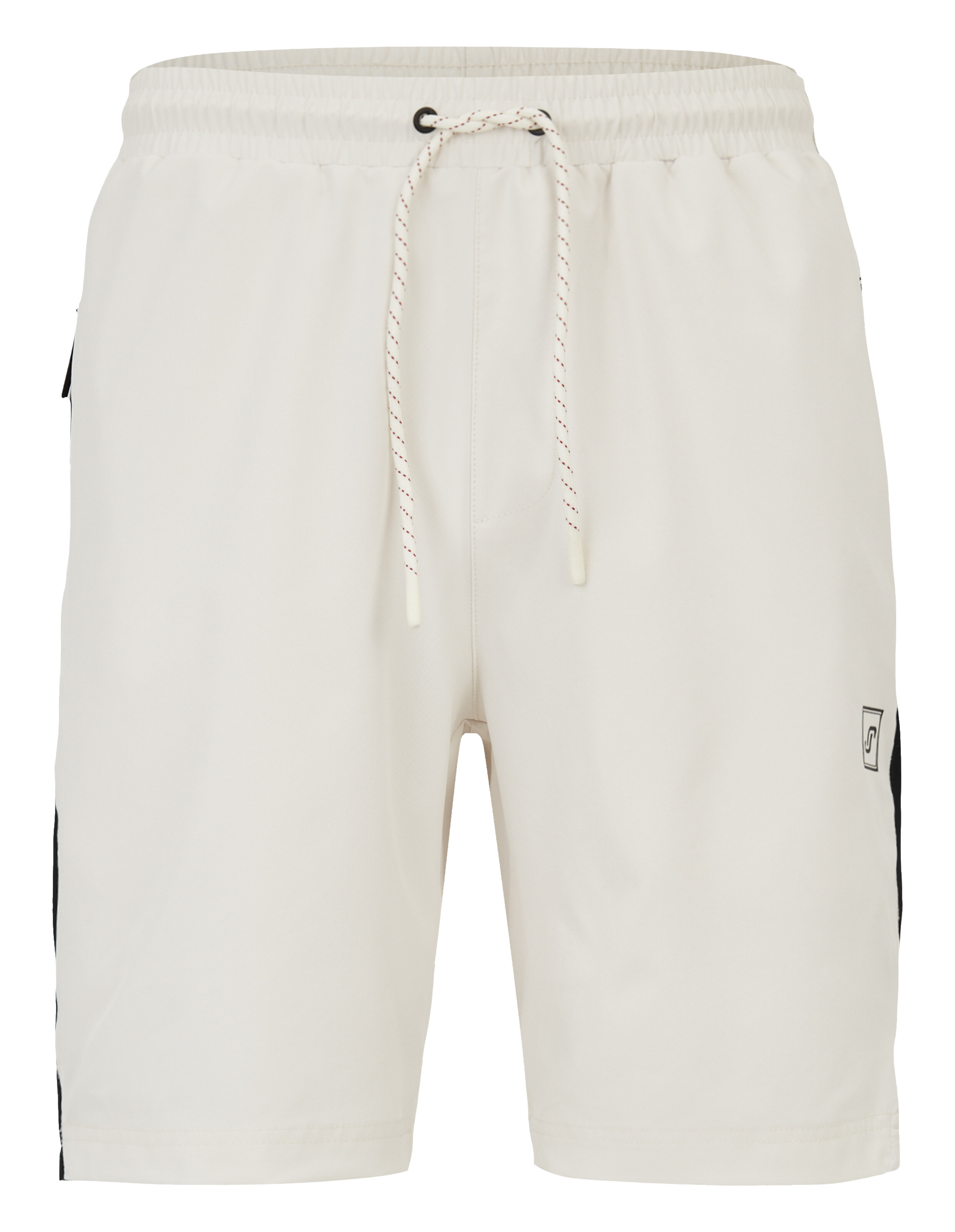Beigefarbene, lässige Shorts mit Kordelzug in der Taille und schwarzen Seitenstreifen für bequeme Sommerkleidung.