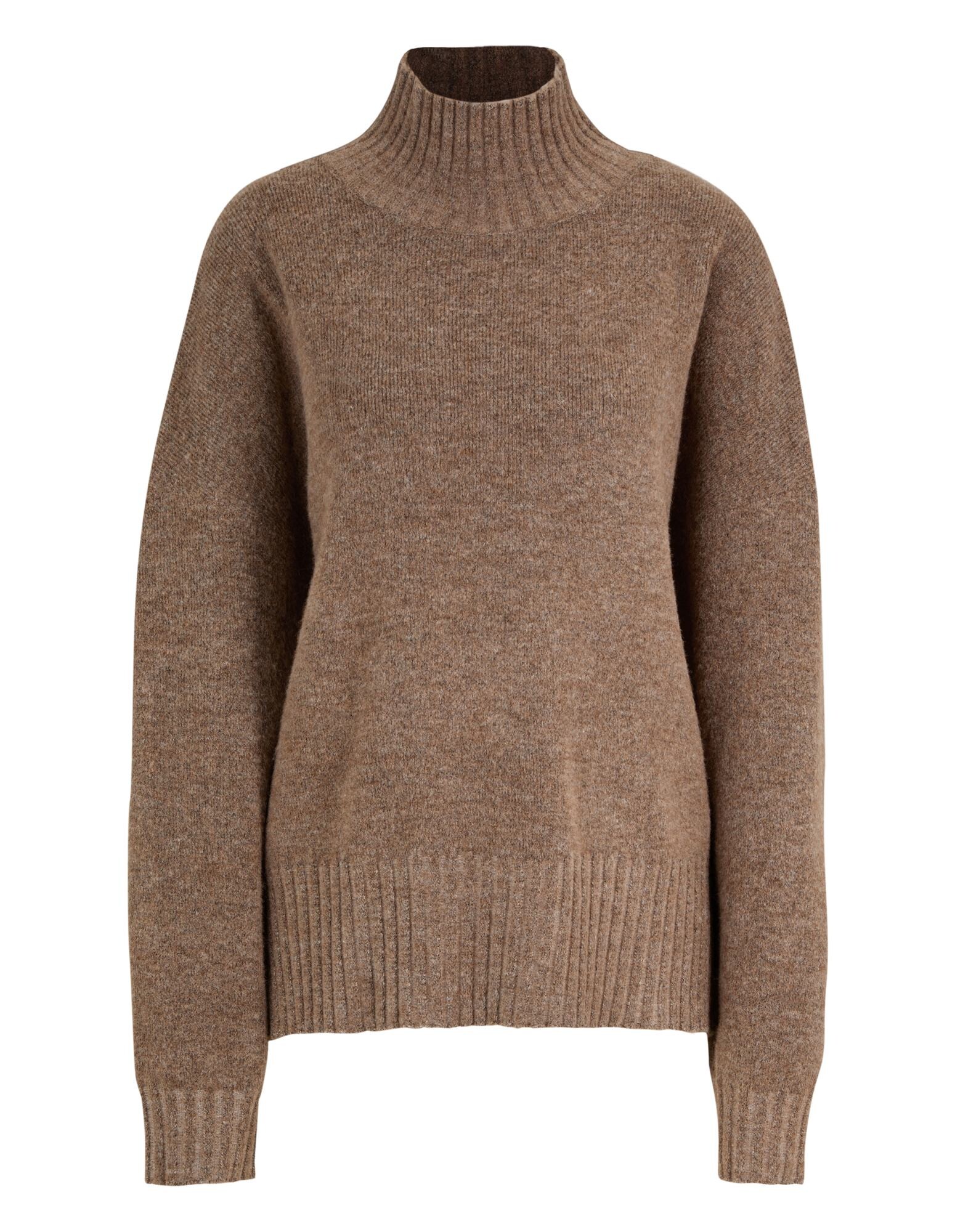 Kuscheliger brauner Rollkragenpullover mit gerippten Bündchen und Saum, perfekt für Freizeitkleidung.