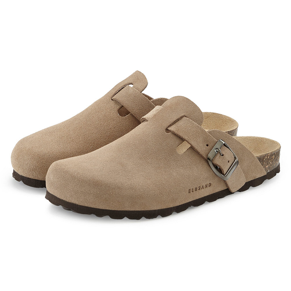 Beige Wildleder-Clogs mit Schnalle, perfekt für lässigen Komfort und Stil.