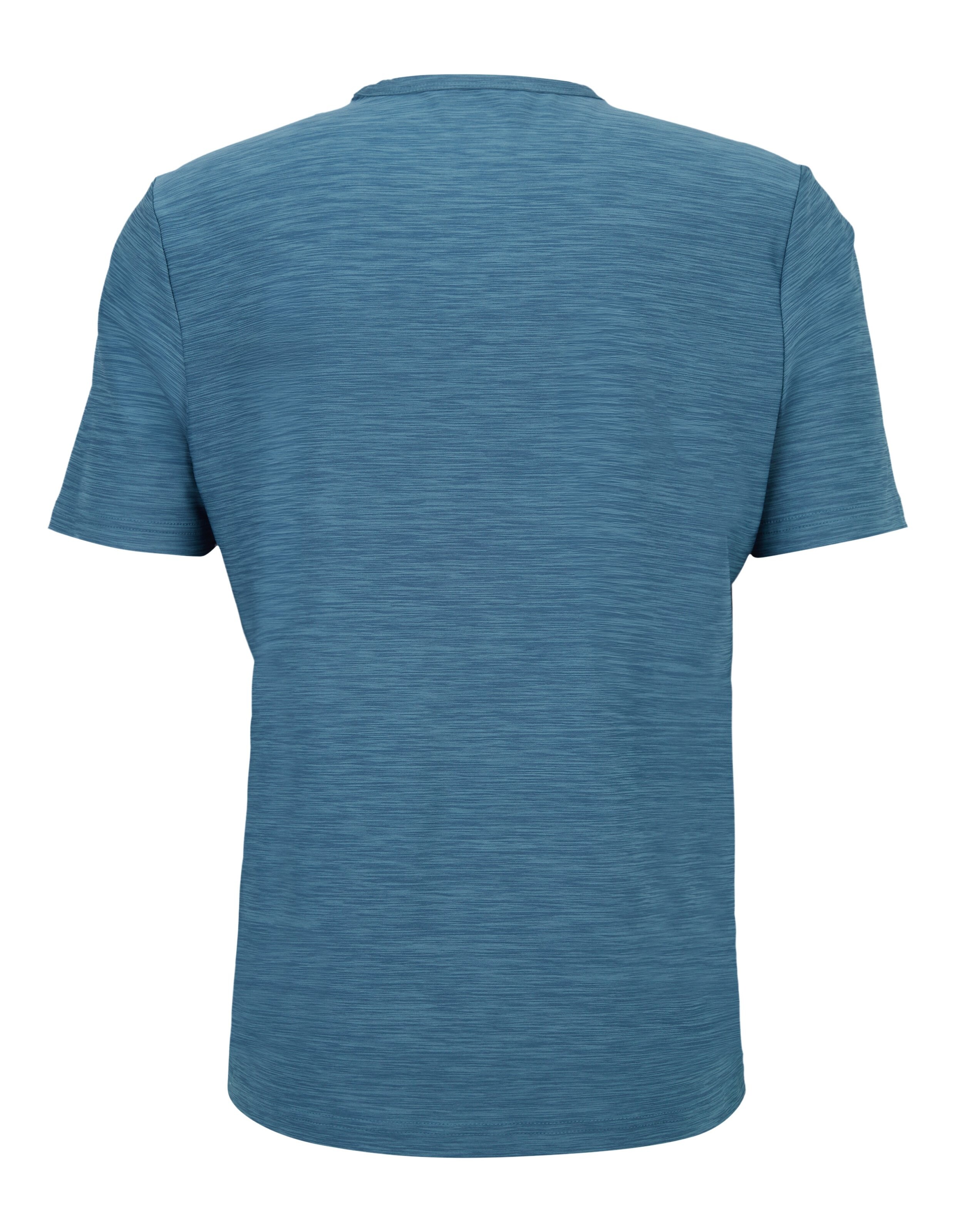 Blaues T-Shirt mit feiner, horizontaler Musterung und kleinem Logo auf der Brust, schlichte und bequeme Passform.