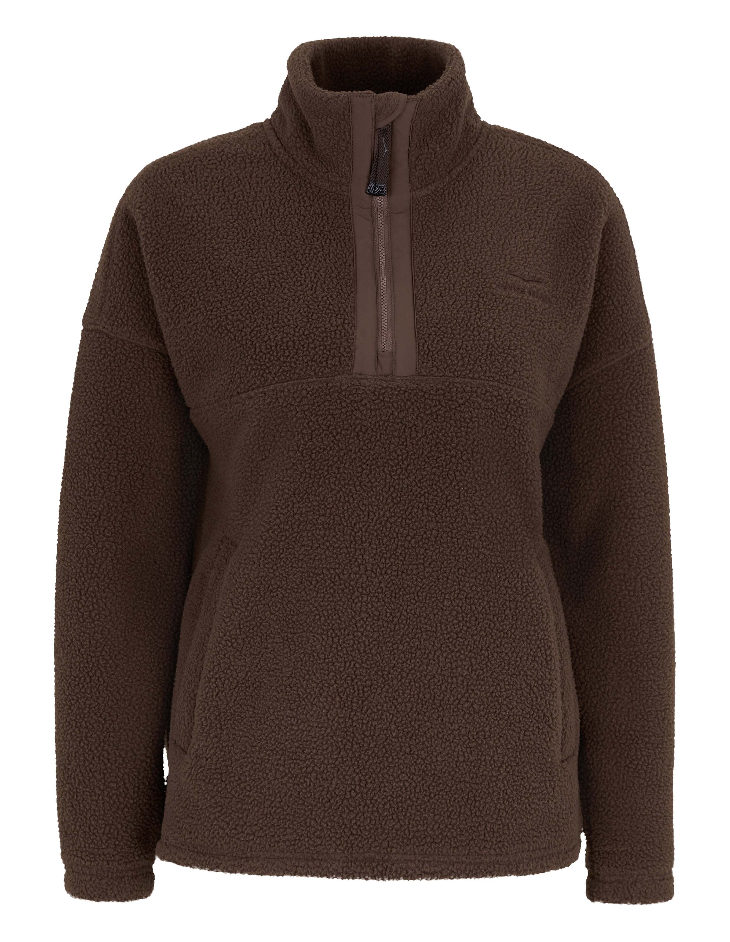Kuscheliger dunkelbrauner Fleecepullover mit Kragen mit halbem Reißverschluss für lässige Loungewear.