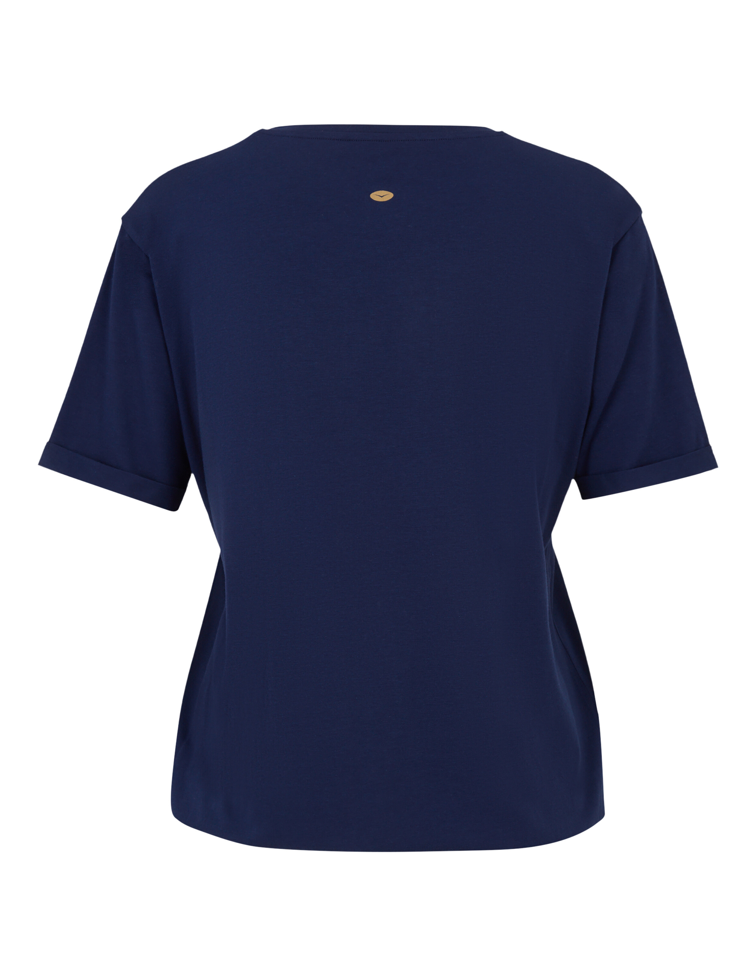 Rückansicht eines marineblauen Freizeit-T-Shirts mit aufgerollten Ärmeln und einem kleinen Logo-Detail.
