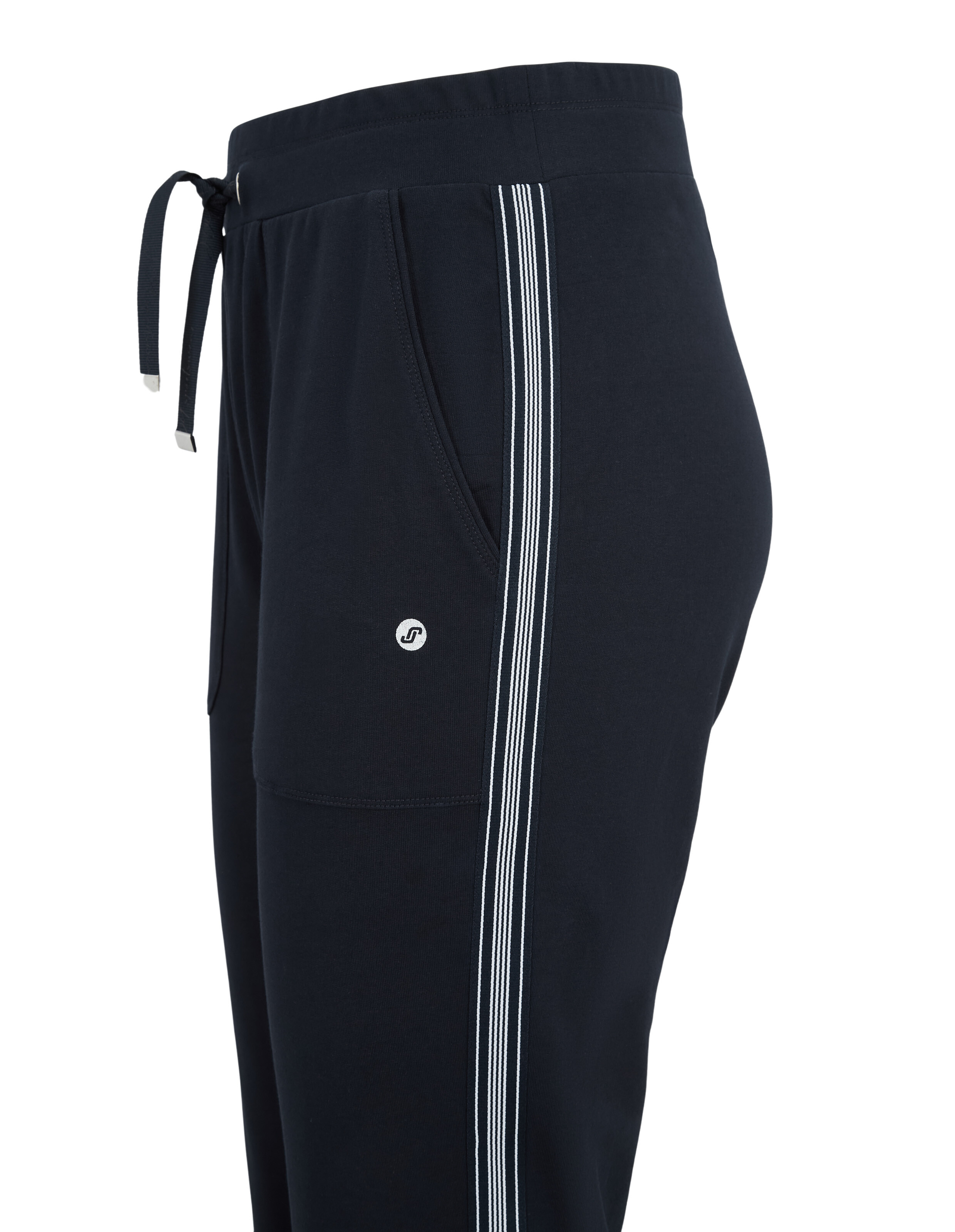 Dunkelblaue Jogginghose mit elastischem Bund, Kordelzug und zwei großen Fronttaschen, schlichtes Design, bequeme Passform.