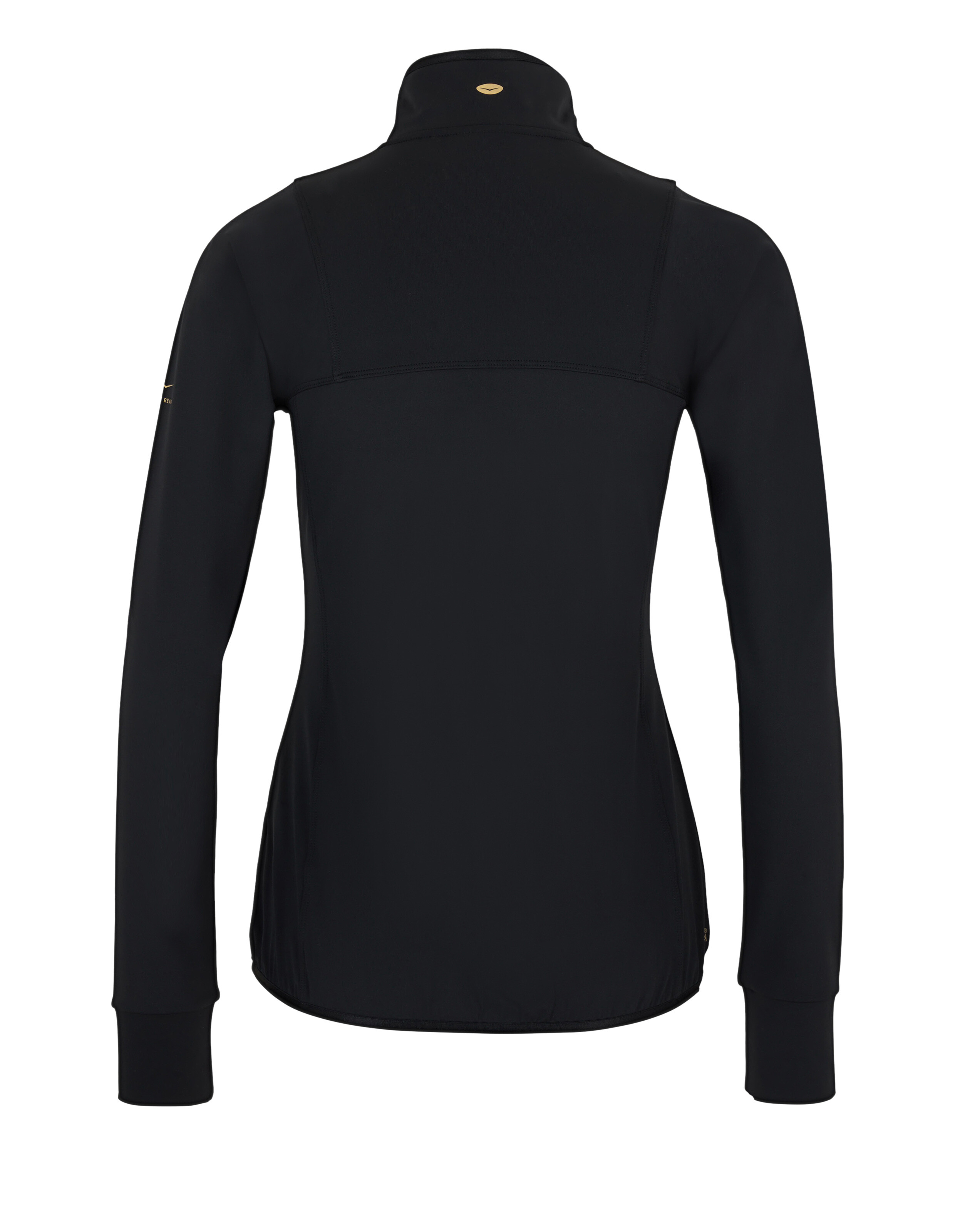 Rückansicht einer eleganten schwarzen Damenjacke mit hohem Kragen und langen Ärmeln.