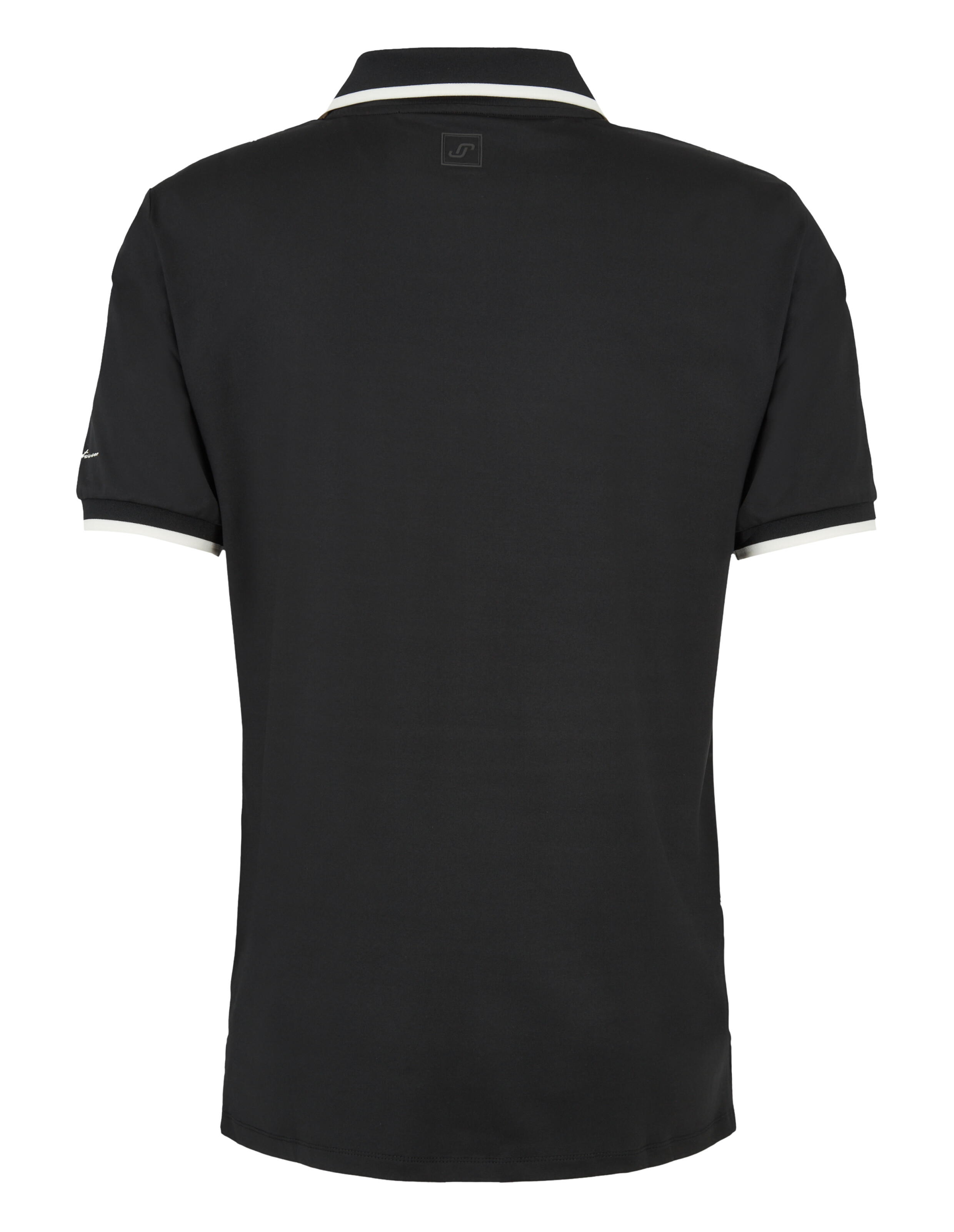Rückansicht eines schwarzen Poloshirts mit klassischem Kragen und weißem Besatz, ideal für Freizeitkleidung.