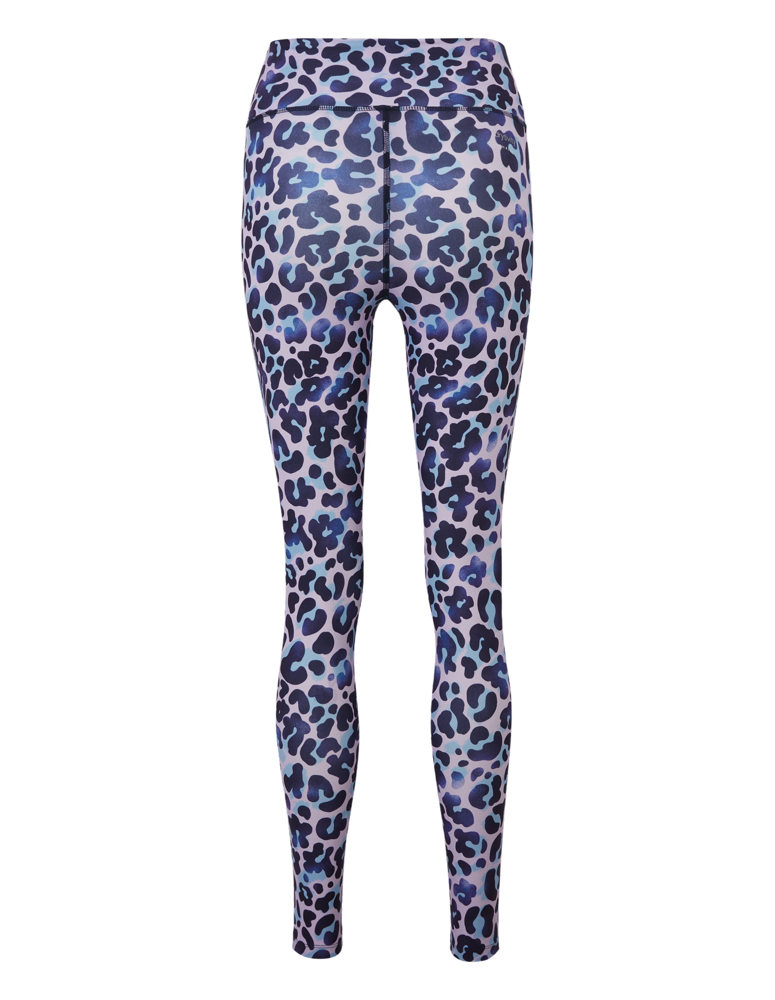 Rückansicht einer bequemen Leggings mit Leopardenmuster in Blau und Lila für Freizeitkleidung.