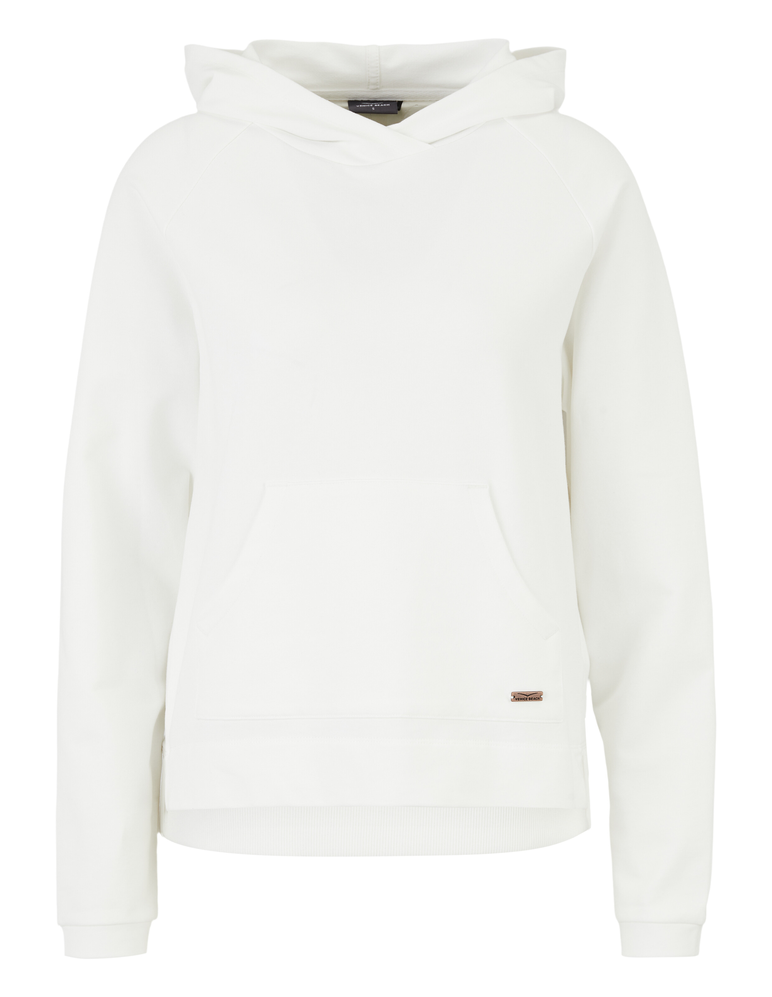Kuscheliger, weißer, lässiger Kapuzenpullover mit Vordertasche und entspannter Passform für bequeme Loungewear.