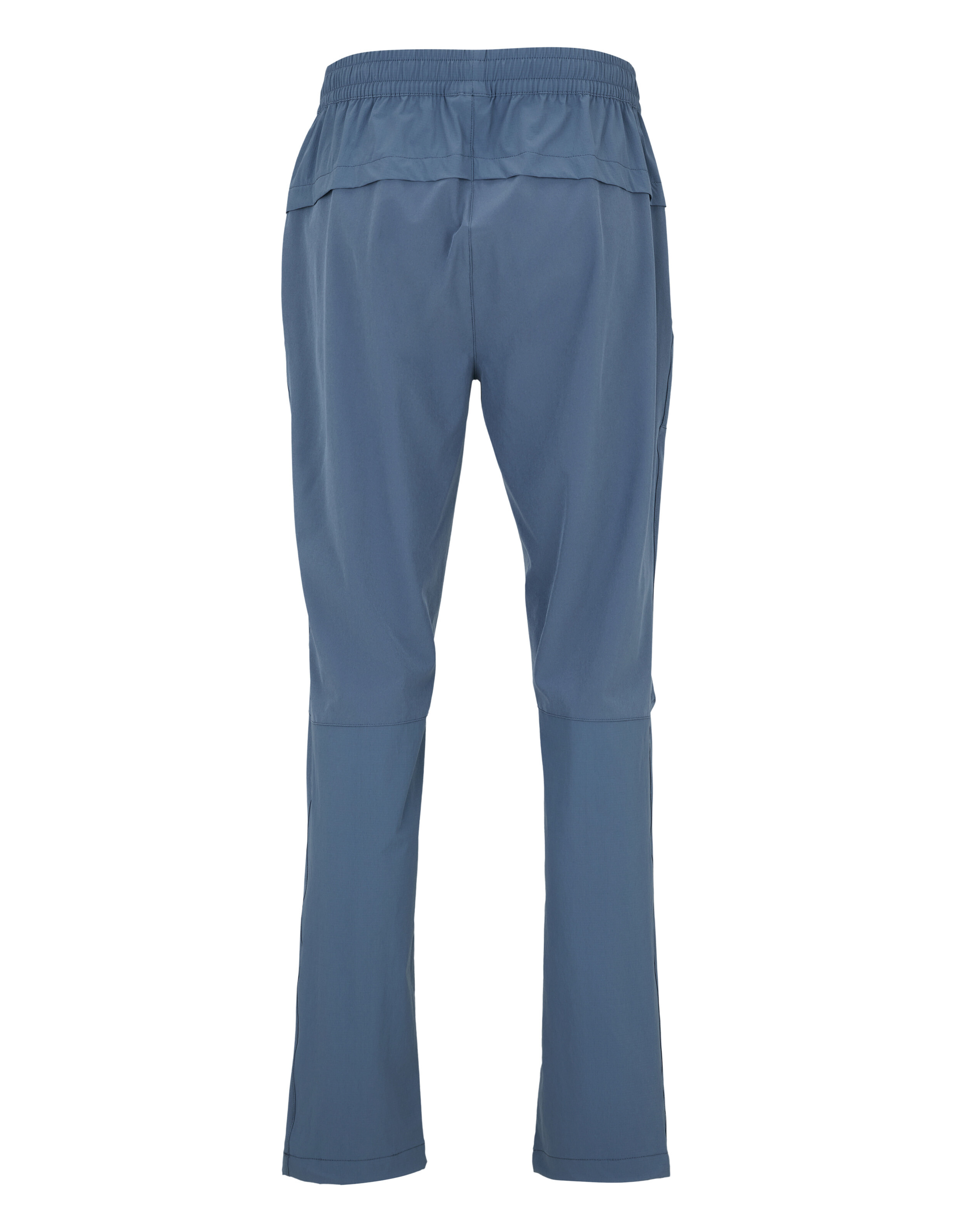 Rückansicht einer blauen Freizeithose mit elastischem Bund und entspannter Passform.