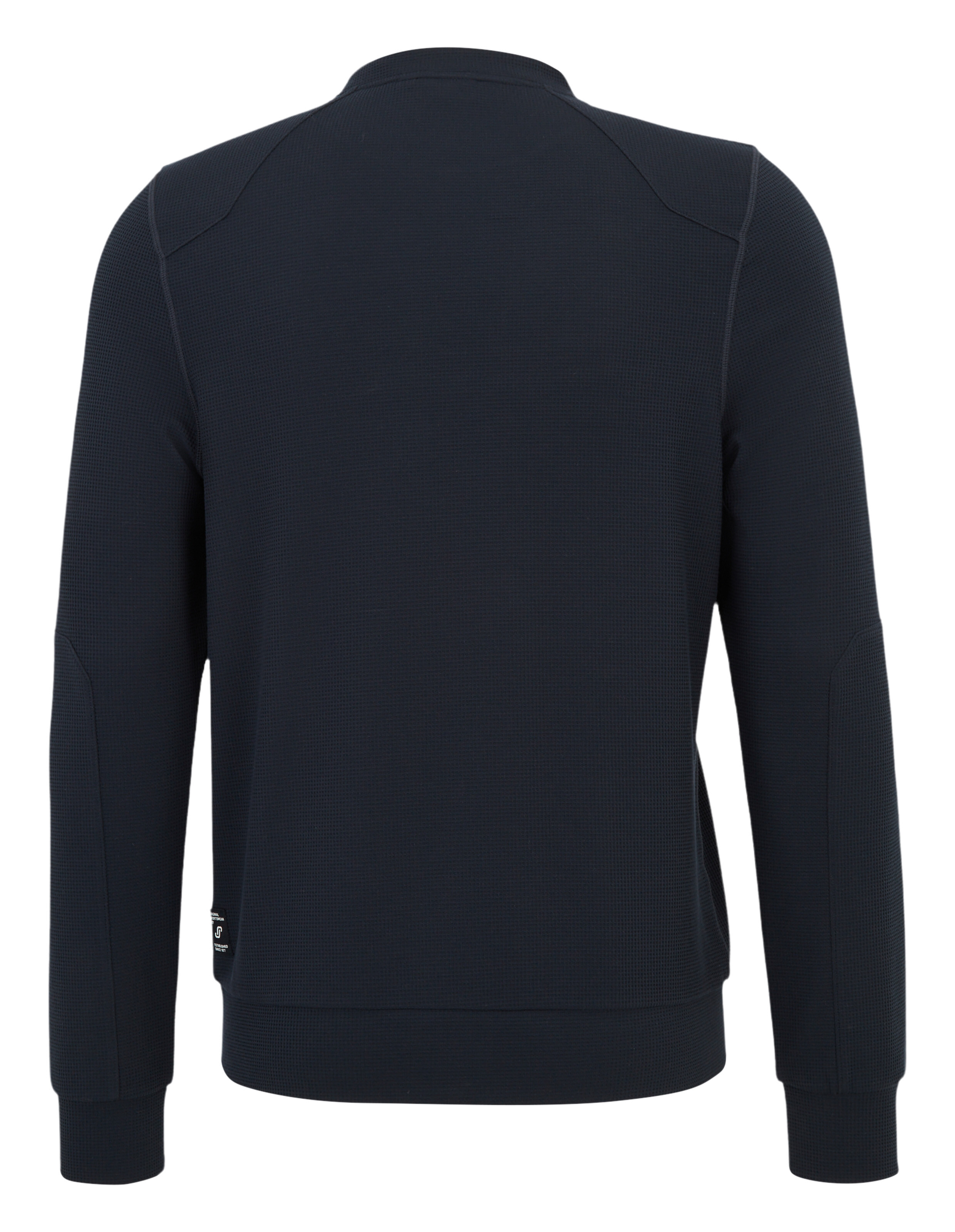 Rückansicht eines dunkelblauen Waffelstrick-Langarmpullovers für lässige Loungewear.