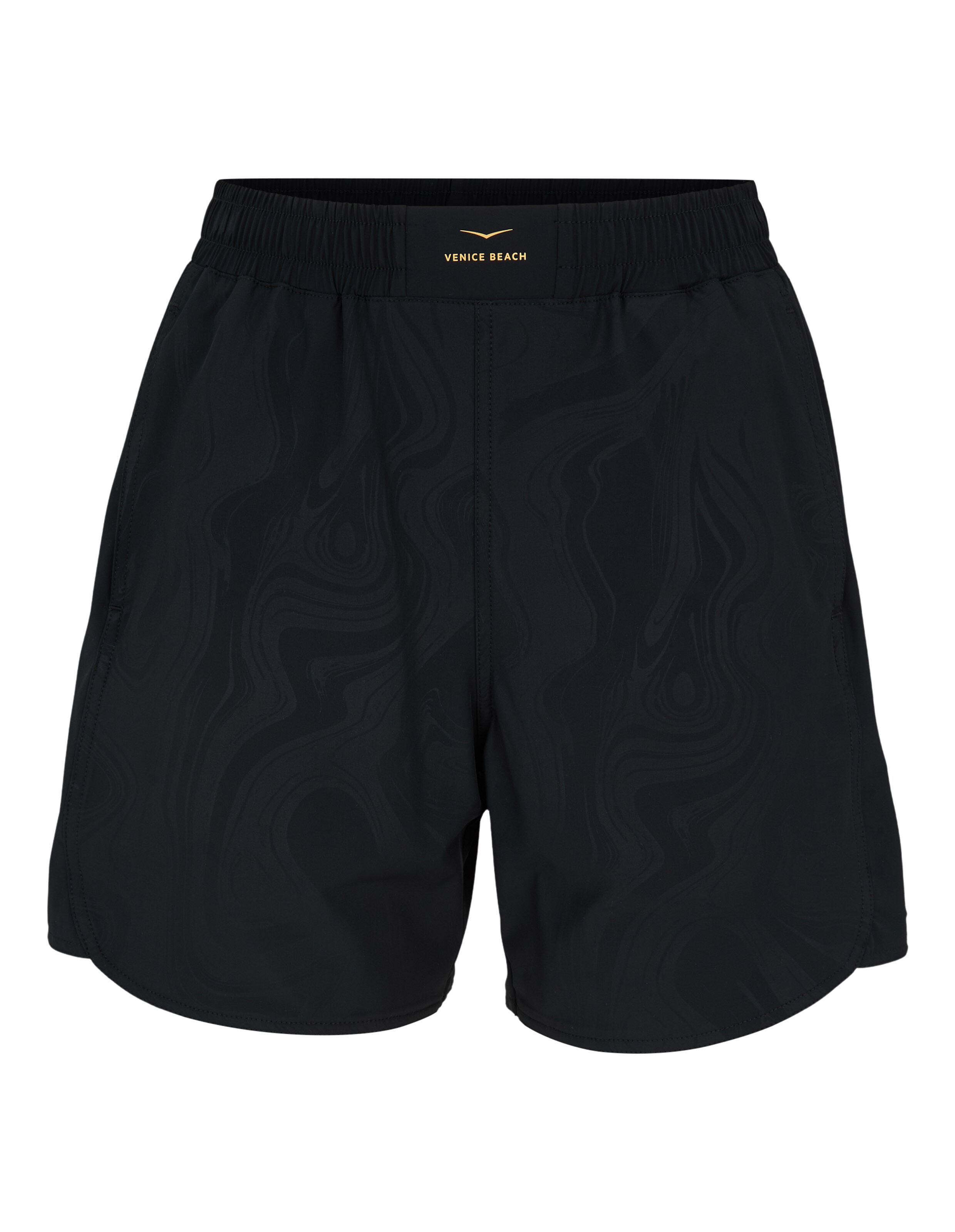 Schwarze „Ida“-Shorts von Venice Beach mit dezentem Marmormuster und elastischem Bund.