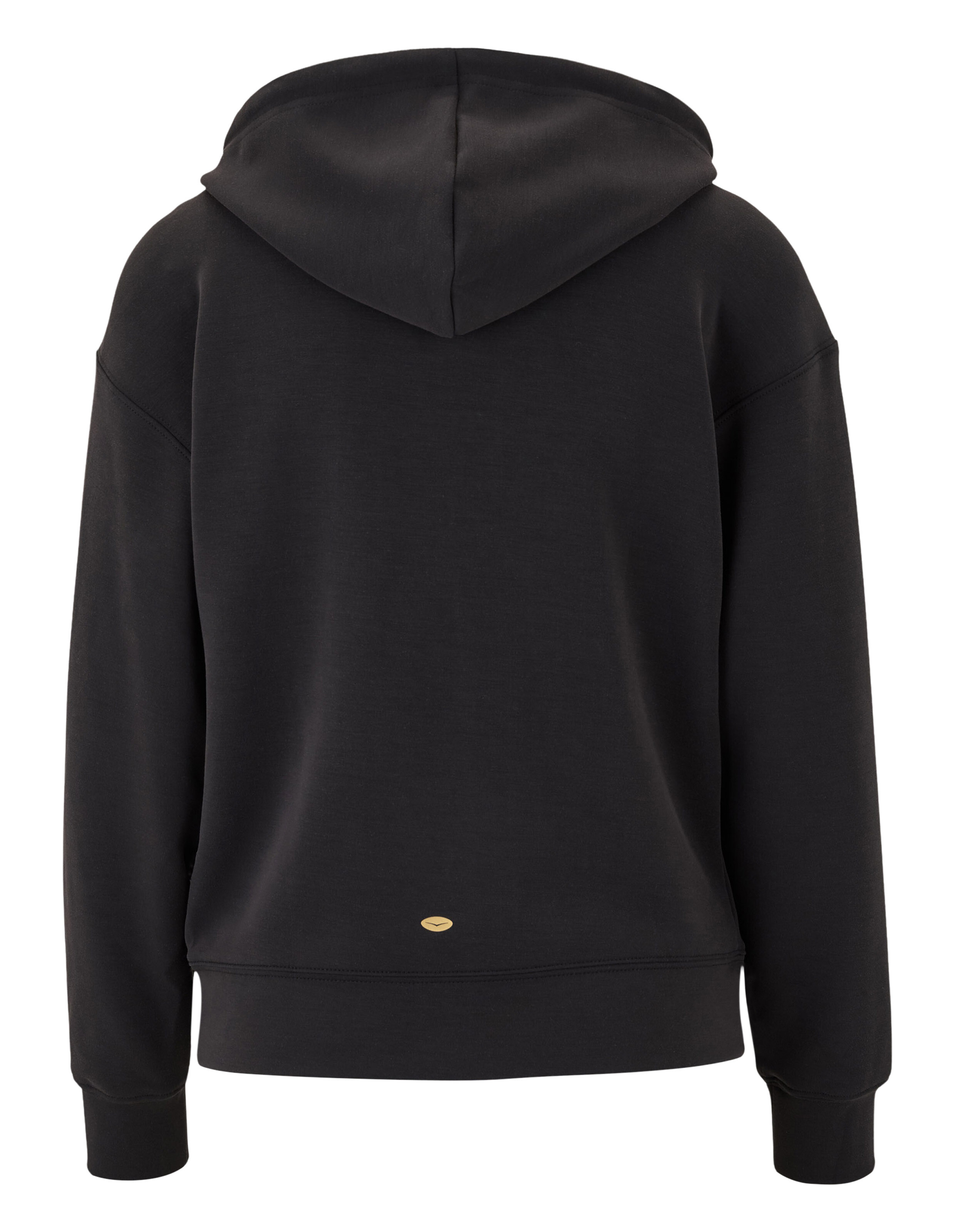 Rückansicht eines gemütlichen schwarzen ELBSAND-Hoodies mit kleinem goldenen Logo-Detail.