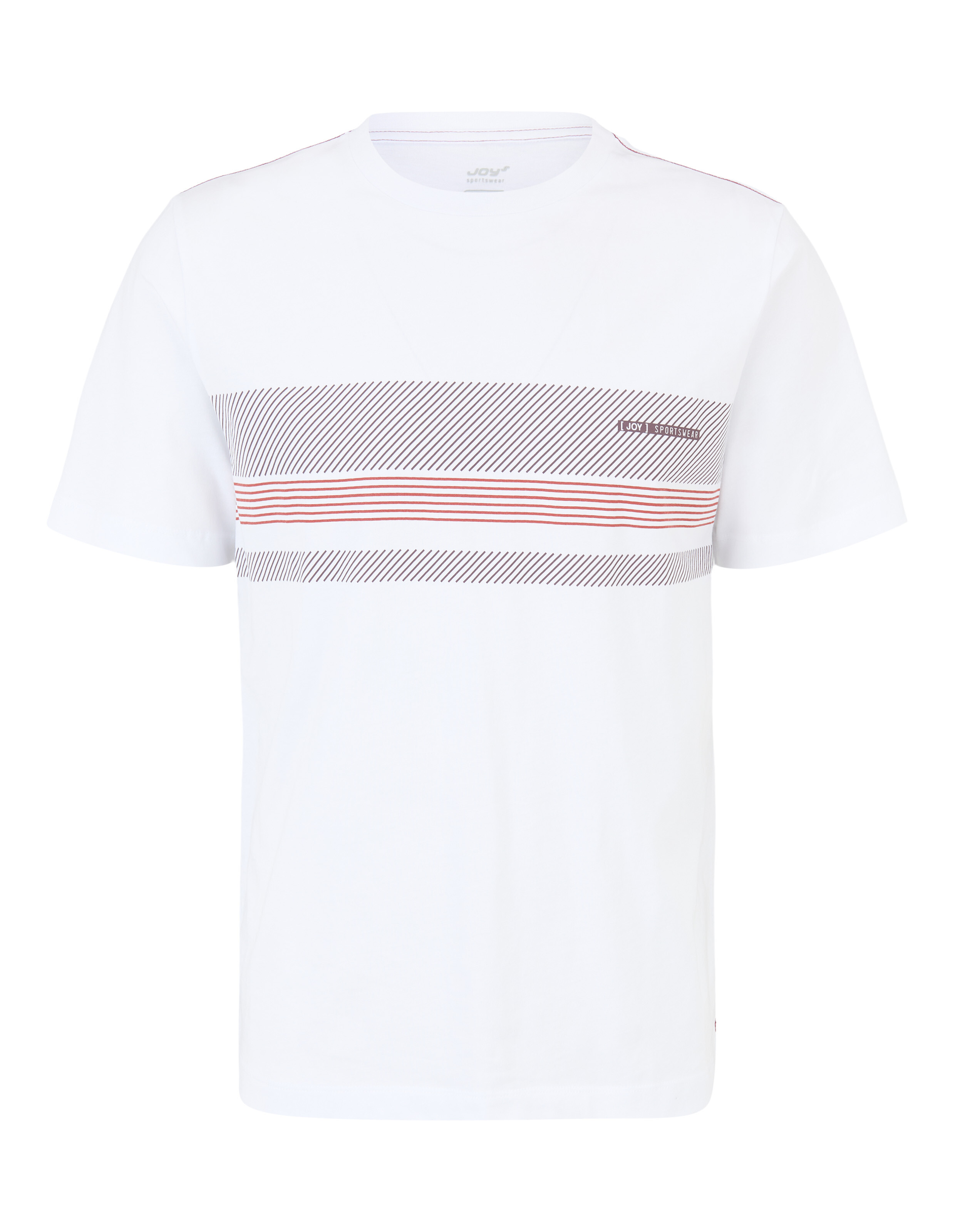Weißes, lässiges T-Shirt mit horizontal gestreiftem Brustmuster und Rundhalsausschnitt.