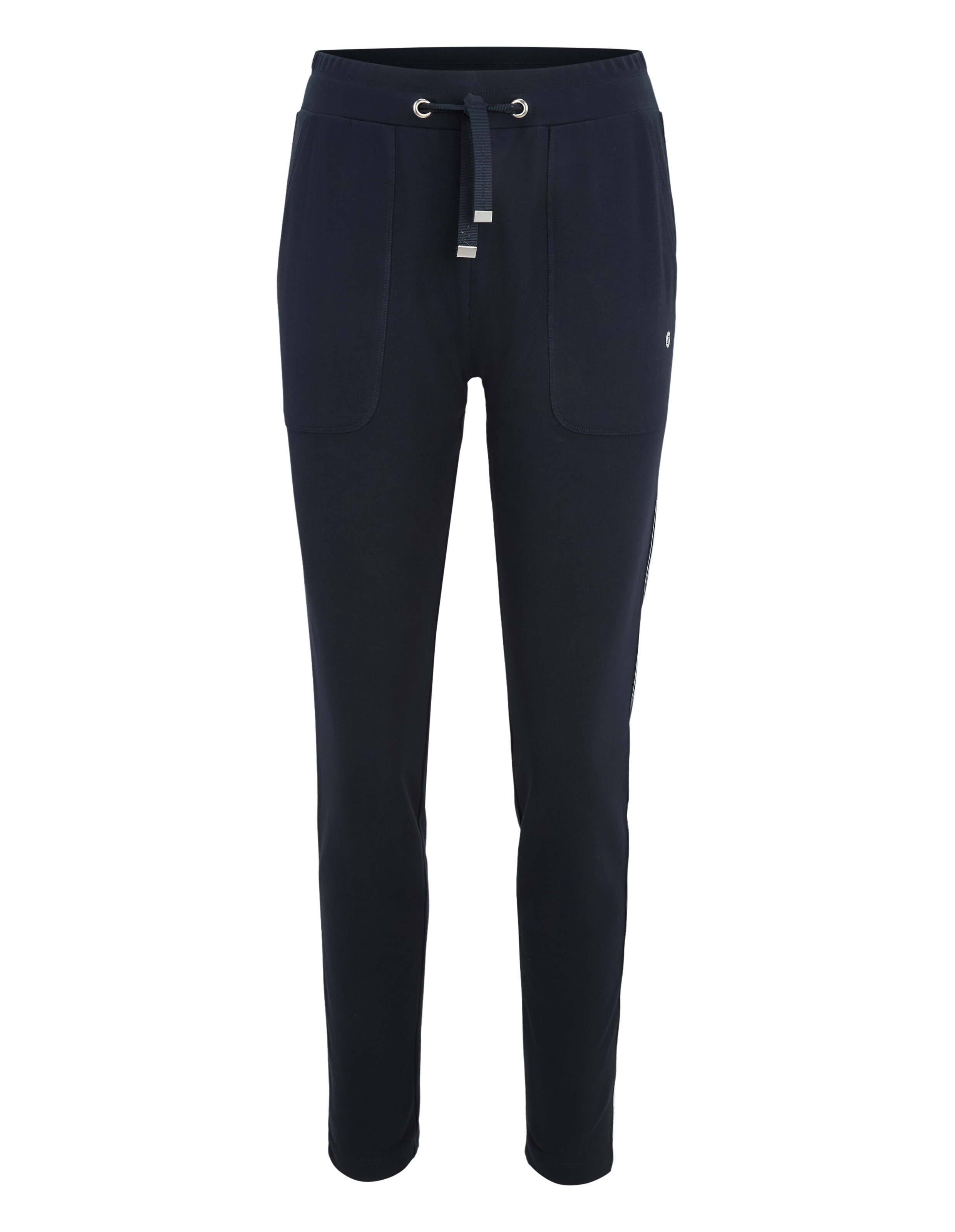 Dunkelblaue Jogginghose mit elastischem Bund, Kordelzug und zwei großen Fronttaschen, schlichtes Design, bequeme Passform.
